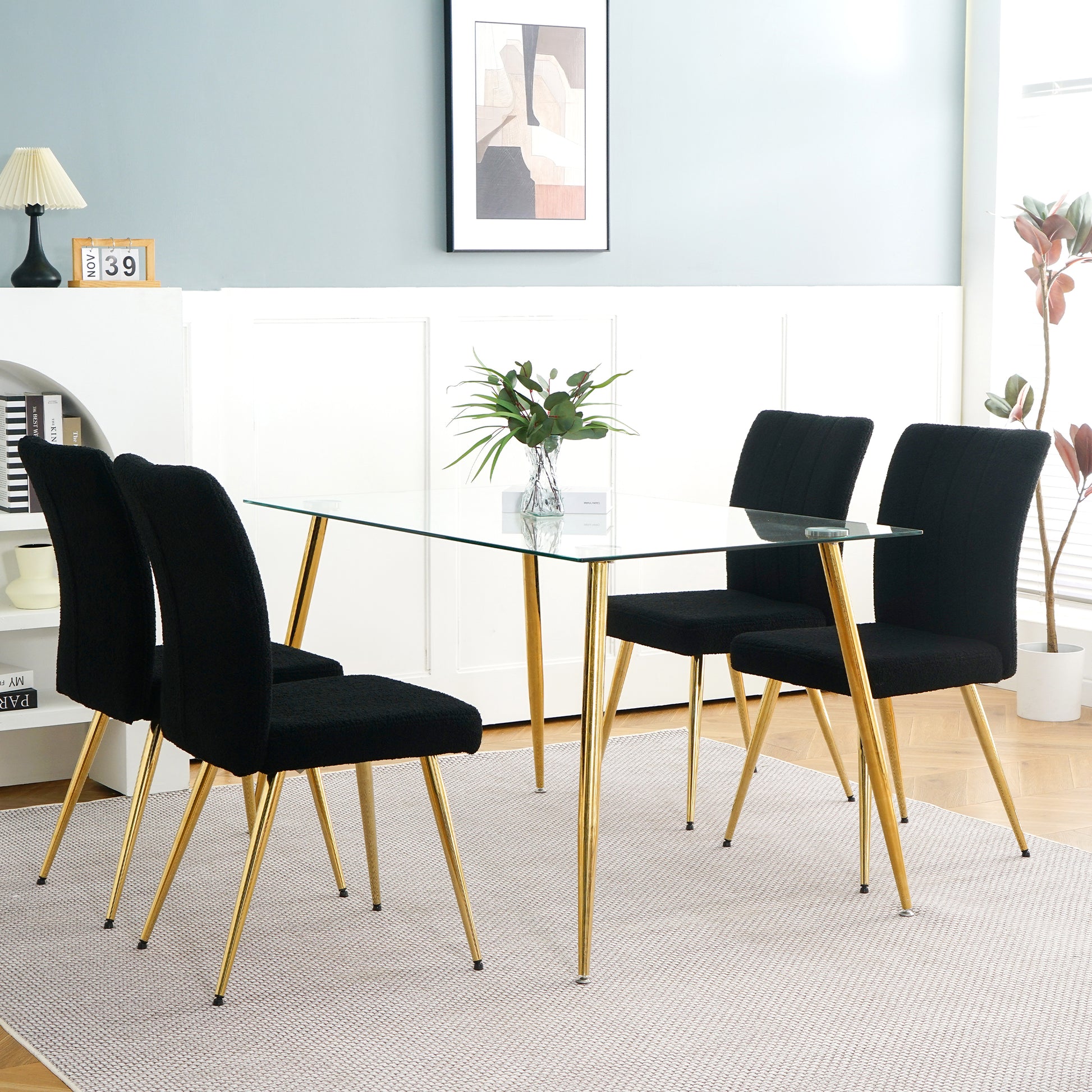 Modern Black Teddy Wool Dining Chair, Upholstered Chair With Fabric Accent Side Chair With Gold Plated Metal Legs For Family Furniture Living Room, Bedroom, Kitchen, Dining Room Set Of 4 Black Metal