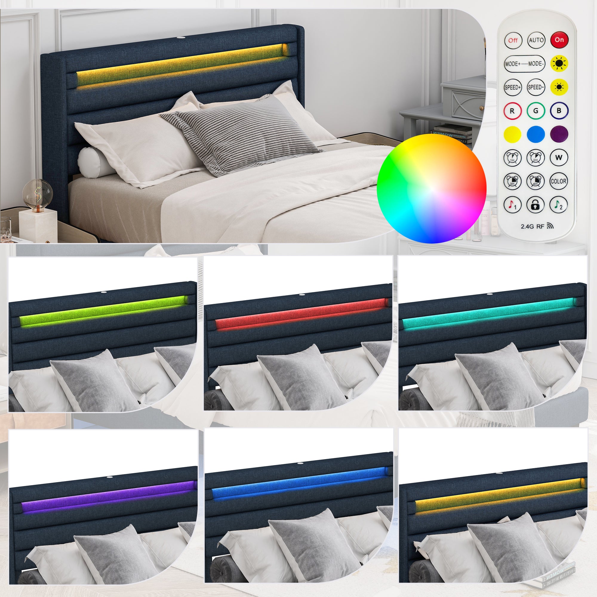 Queen Size Bedframe with LED Bedside Induction Light black+blue-iron-iron