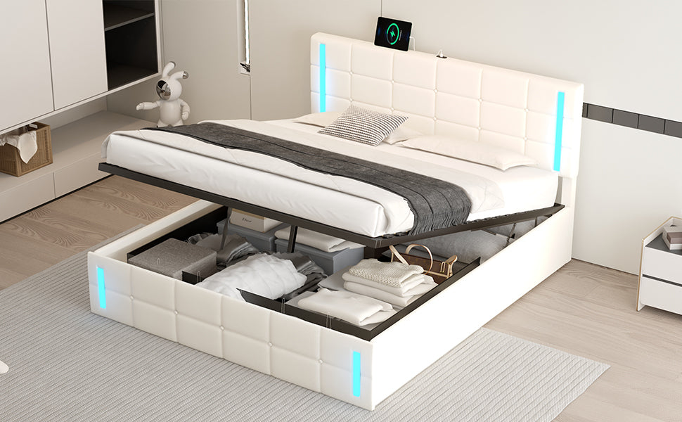 Queen Size Upholstered Bed With Led Lights,Hydraulic Storage System And Usb Charging Station,White White Pu
