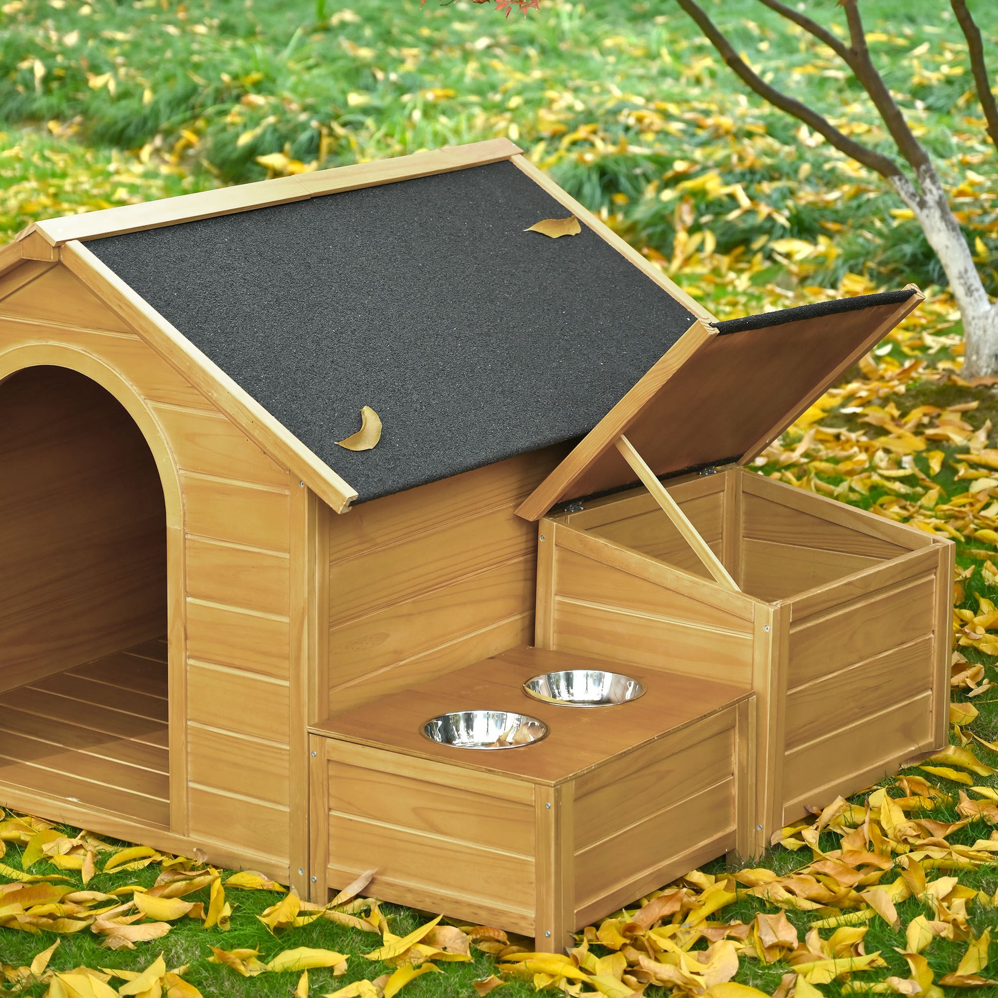 51.18" L X 43.7" W X 37" H Large Size Wooden Dog House, Dog Crate For Large Dog Breeds, Cabin Style Raised Dog Shelter With Asphalt Roof, Solid Wood, Weatherproof, Nature Natural Wood Outdoor Kennel Large 41 70 Lbs Pine