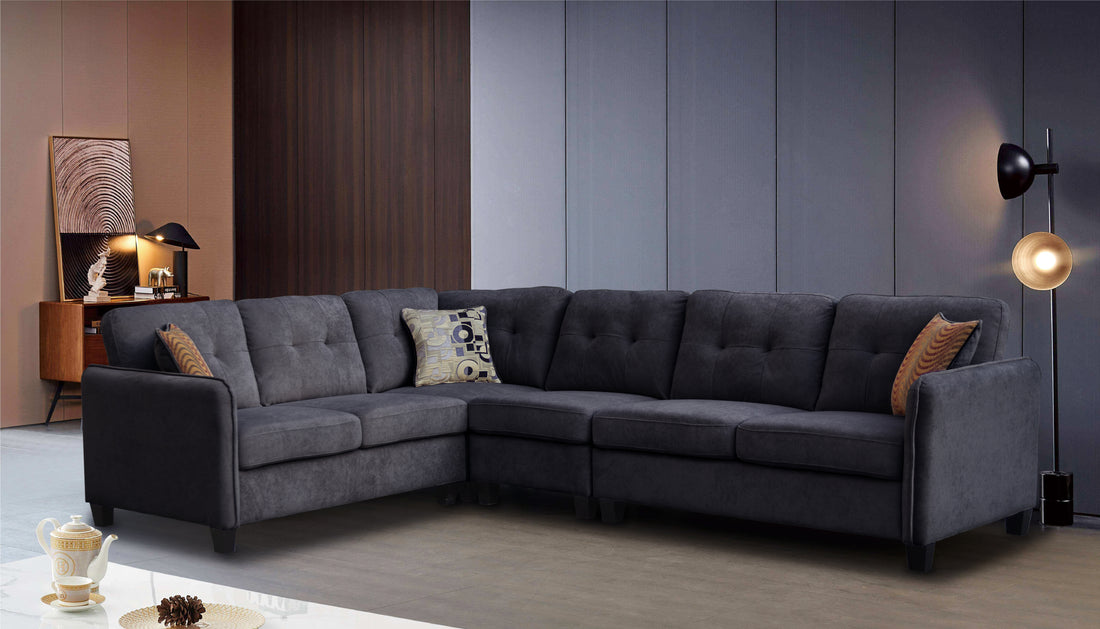 Archie 114.5" Black Velvet 6 Seater Sectional Sofa Black Velvet