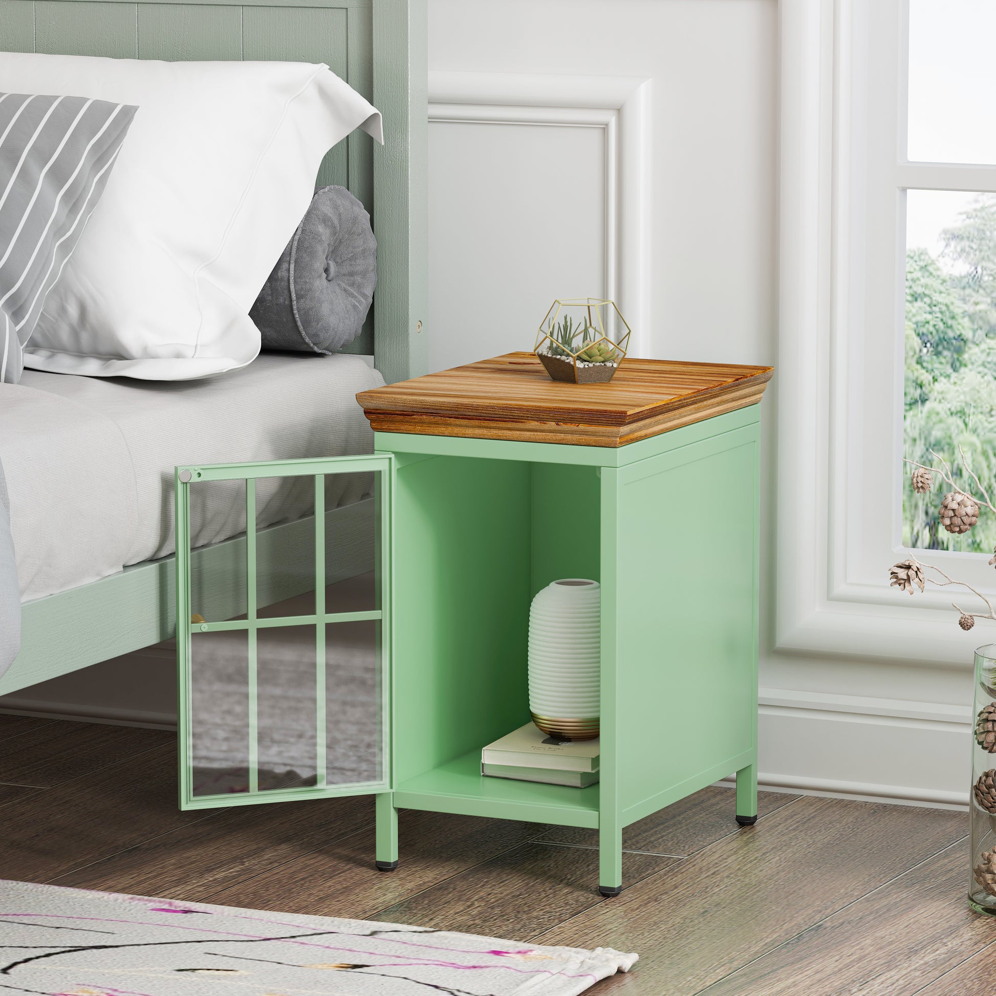 Nightstand with Storage Cabinet & Solid Wood Tabletop green-iron