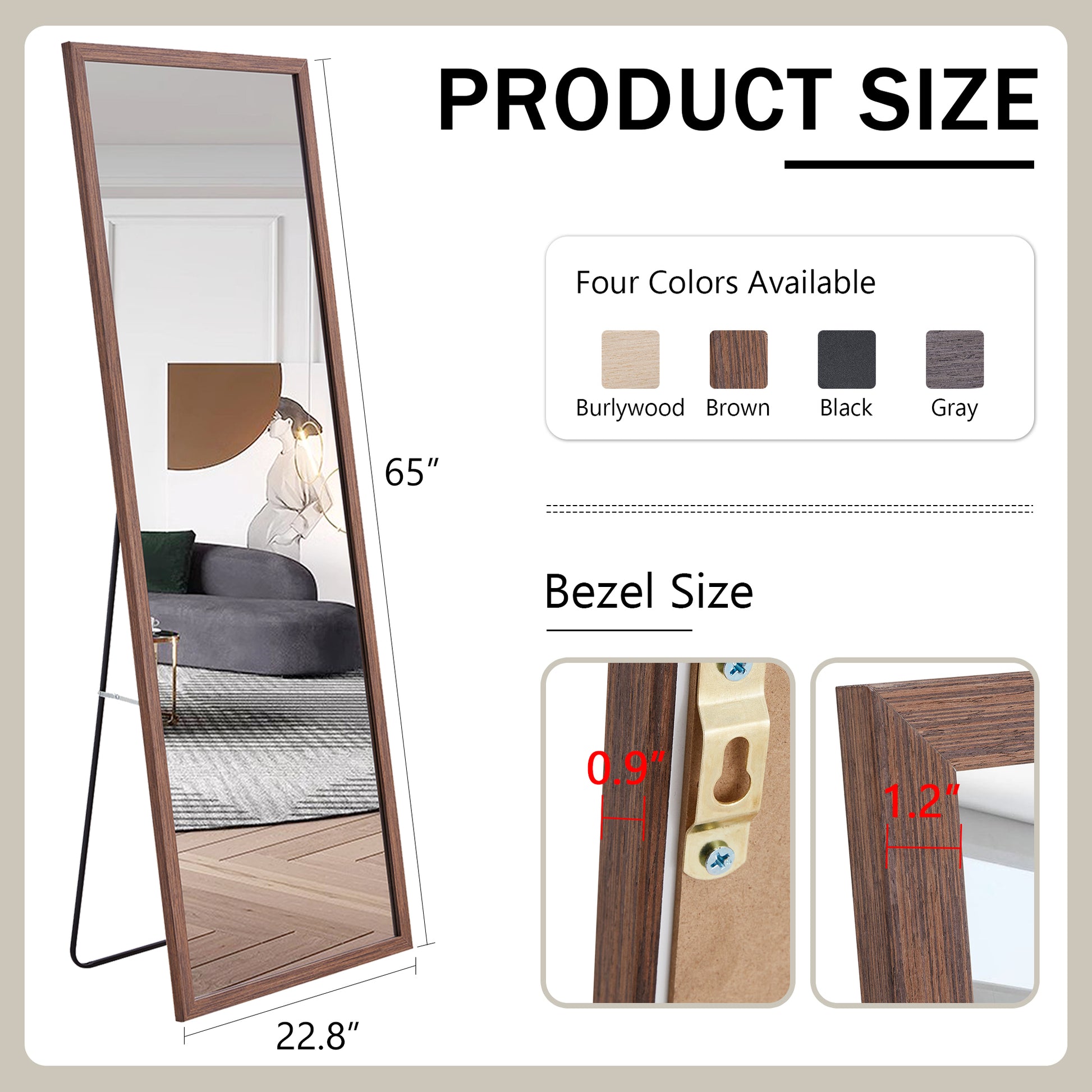 Third Generation Packaging Upgrade, Thickened Border, Brown Wood Grain Solid Wood Frame Full Length Mirror, Dressing Mirror, Bedroom Entrance, Decorative Mirror, And Floor Standing Mirror.65"*22.8" Brown Solid Wood