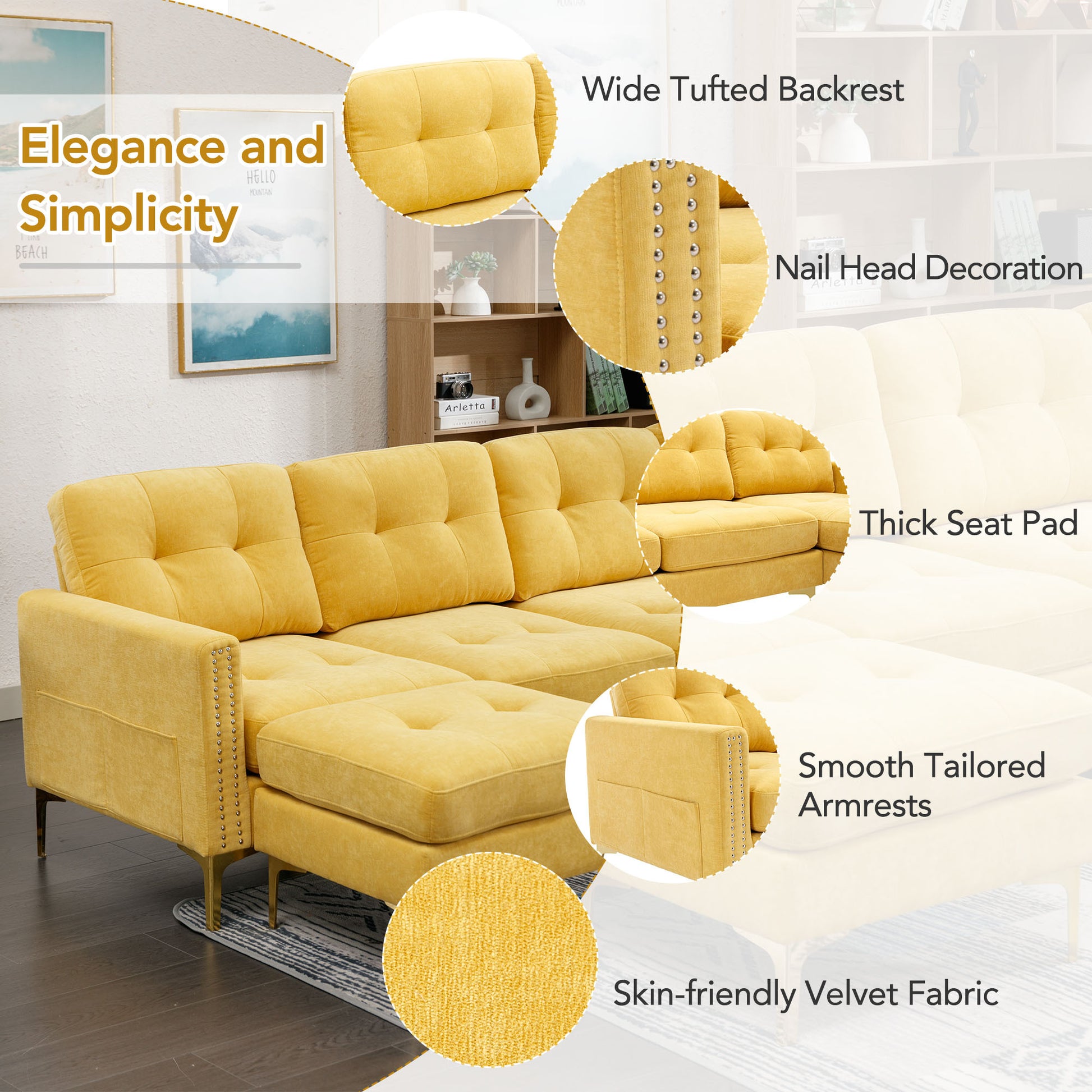 110" L Shape Convertible Sectional Sofa Couch With Movable Ottoman For Living Room, Apartment, Office, Yellow Yellow Foam Velvet 4 Seat