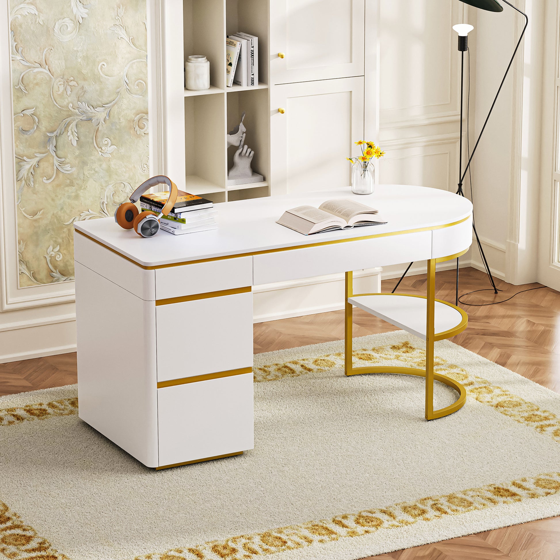 60''Modern Executive Desk,White Curved Computer Desk With Gold Metal Legs,3 Drawers Home Office Desk,Writing Desk With 1 Storage Cabinet For Home Office,Living Room,Gold White Gold White Mdf