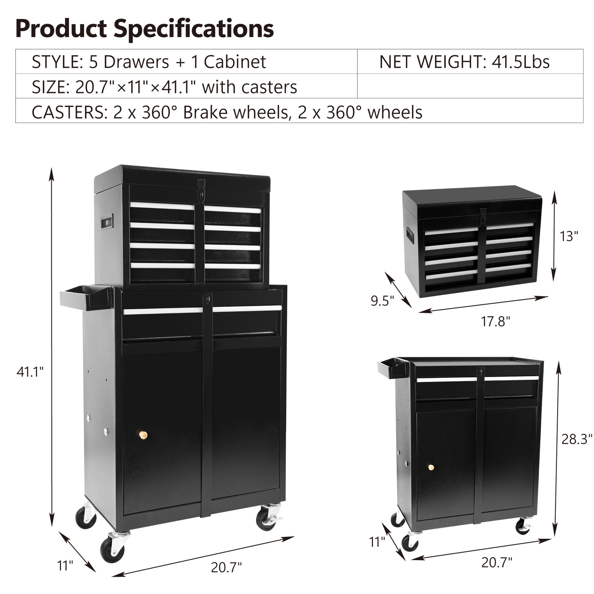 Rolling Garage Workshop Organizer Detachable 5 Drawer black-steel