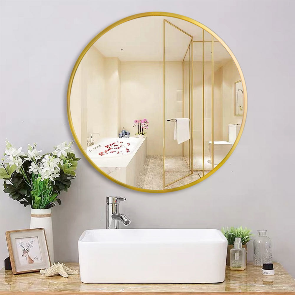 Tempered Mirror 28" Wall Circle Mirror For Bathroom, Gold Round Mirror For Wall, 20 Inch Hanging Round Mirror For Living Room, Vanity, Bedroom Gold Glass