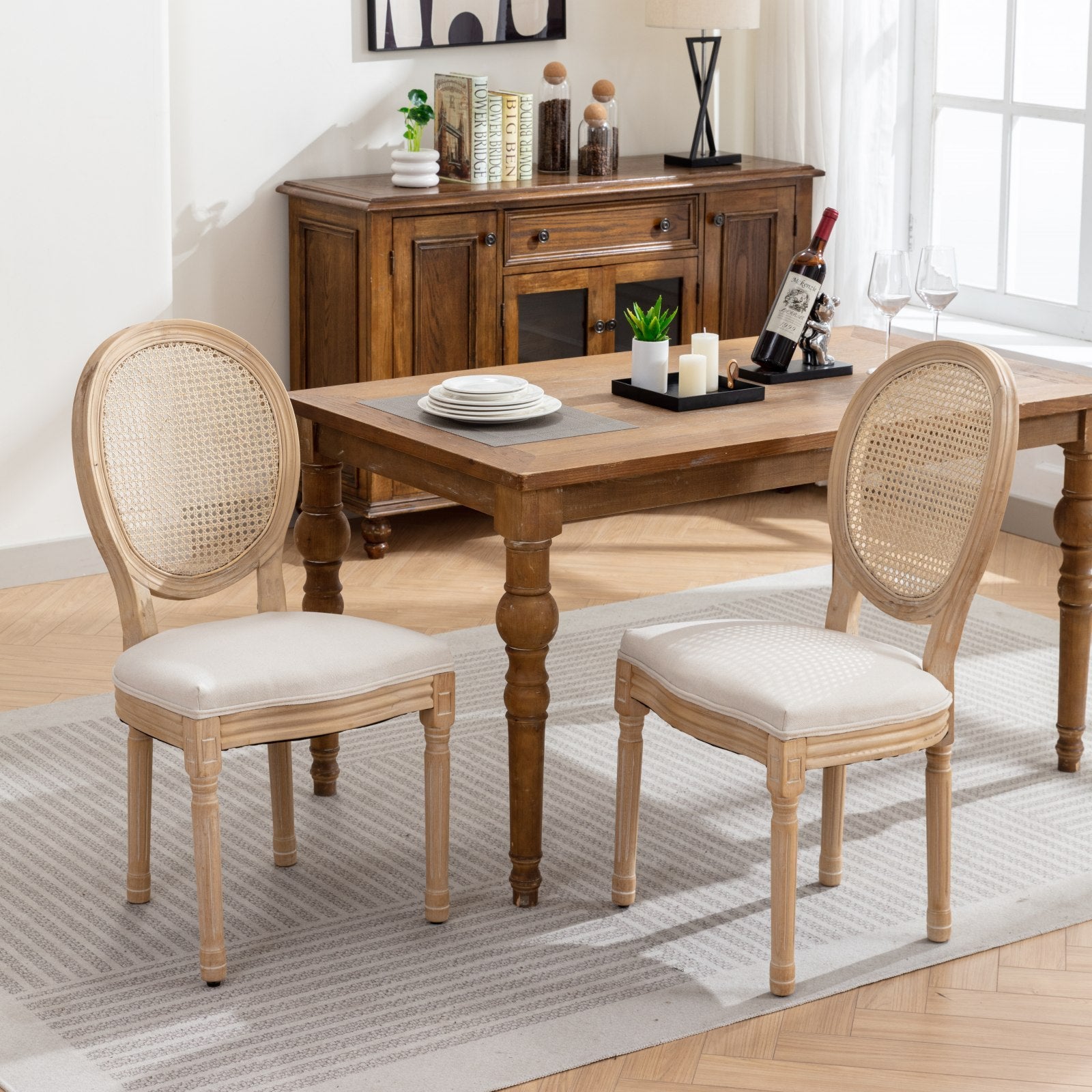 French Style Solid Wood Frame Antique Painting Linen Fabric Rattan Back Dining Chair,Set Of 2,Cream,Beige Beige Dining Room American Design,French Rubberwood Foam Fabric