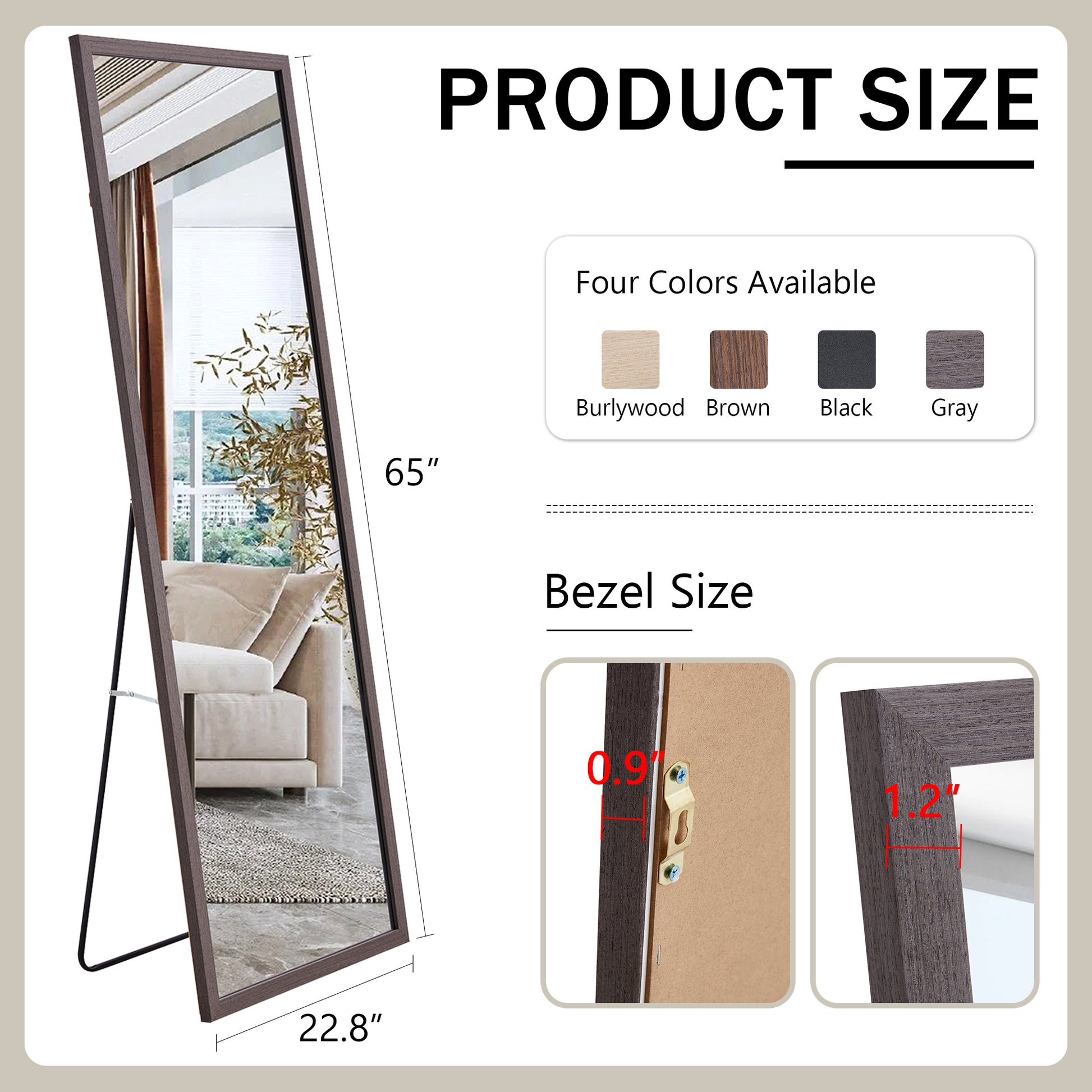 Third Generation Packaging Upgrade, Thickened Frame, Gray Wood Grain Solid Wood Frame Full Length Mirror, Dressing Mirror, Bedroom Entrance, Decorative Mirror, Floor Standing Mirror. 65"*22.8" Gray Solid Wood