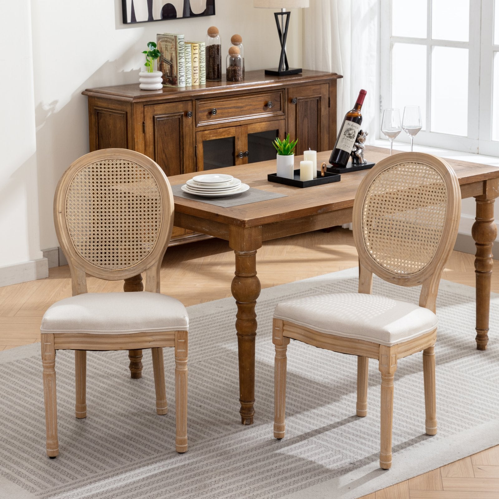 French Style Solid Wood Frame Antique Painting Linen Fabric Rattan Back Dining Chair,Set Of 2,Cream,Beige Beige Dining Room American Design,French Rubberwood Foam Fabric