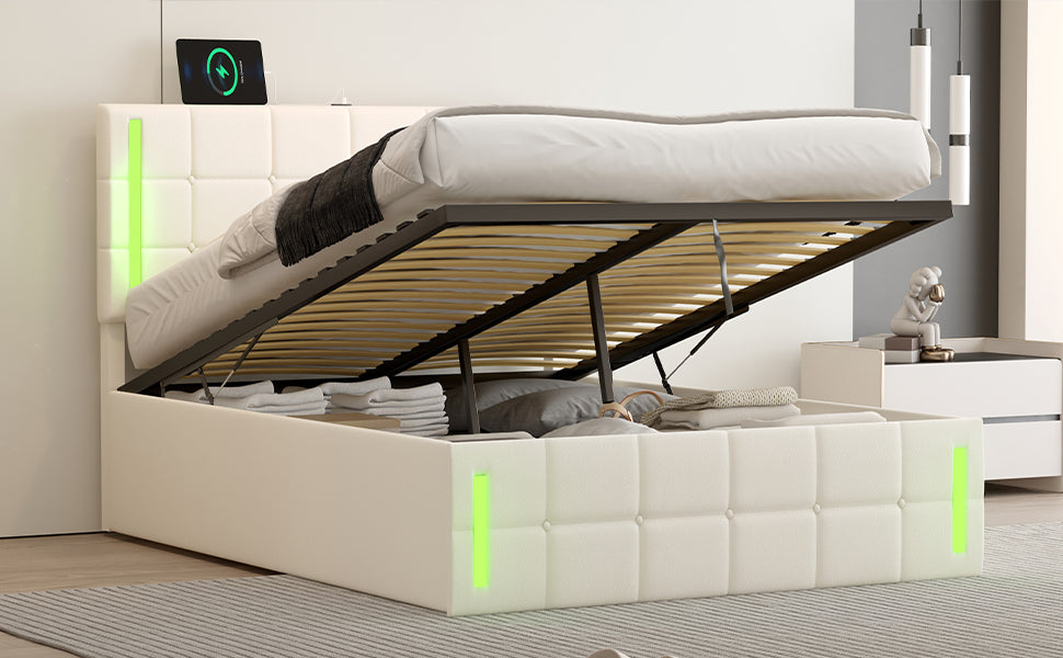 Full Size Upholstered Bed With Led Lights,Hydraulic Storage System And Usb Charging Station,White White Pu