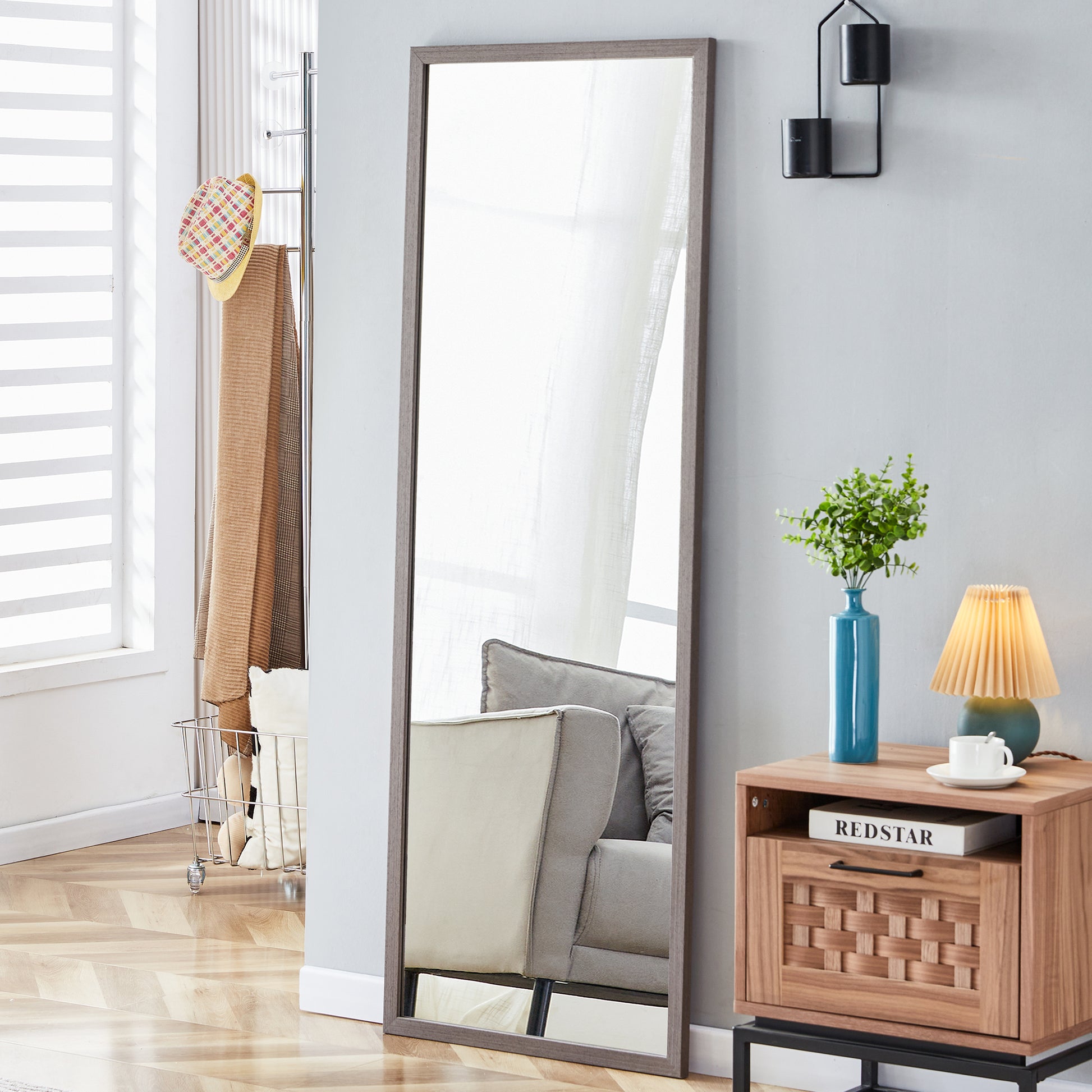 Third Generation Packaging Upgrade, Thickened Frame, Gray Wood Grain Solid Wood Frame Full Length Mirror, Dressing Mirror, Bedroom Entrance, Decorative Mirror, Floor Standing Mirror. 65"*22.8" Gray Solid Wood