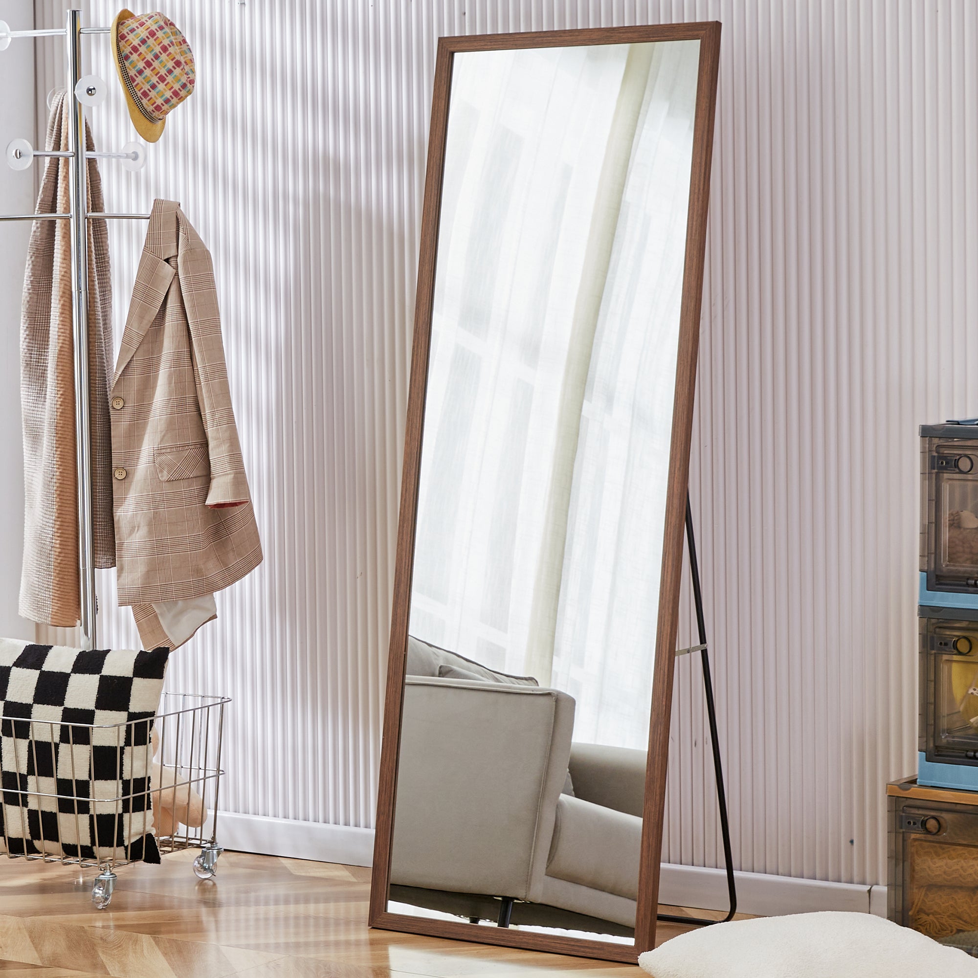 Third Generation Packaging Upgrade, Thickened Border, Brown Wood Grain Solid Wood Frame Full Length Mirror, Dressing Mirror, Bedroom Entrance, Decorative Mirror, And Floor Standing Mirror.65"*22.8" Brown Solid Wood