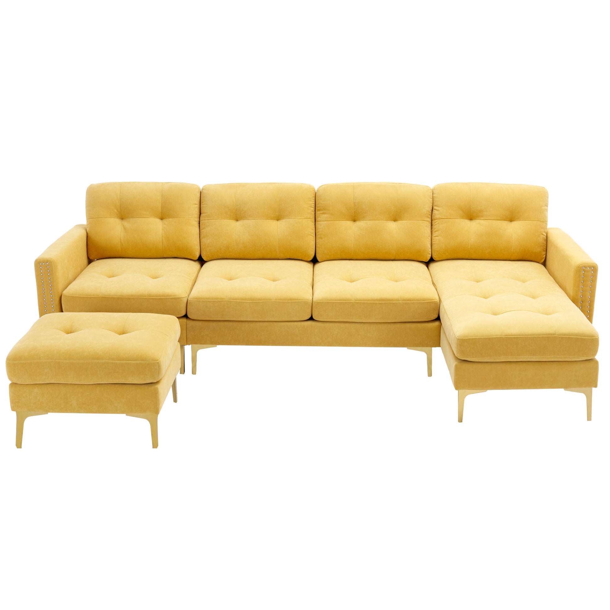 110" L Shape Convertible Sectional Sofa Couch With Movable Ottoman For Living Room, Apartment, Office, Yellow Yellow Foam Velvet 4 Seat