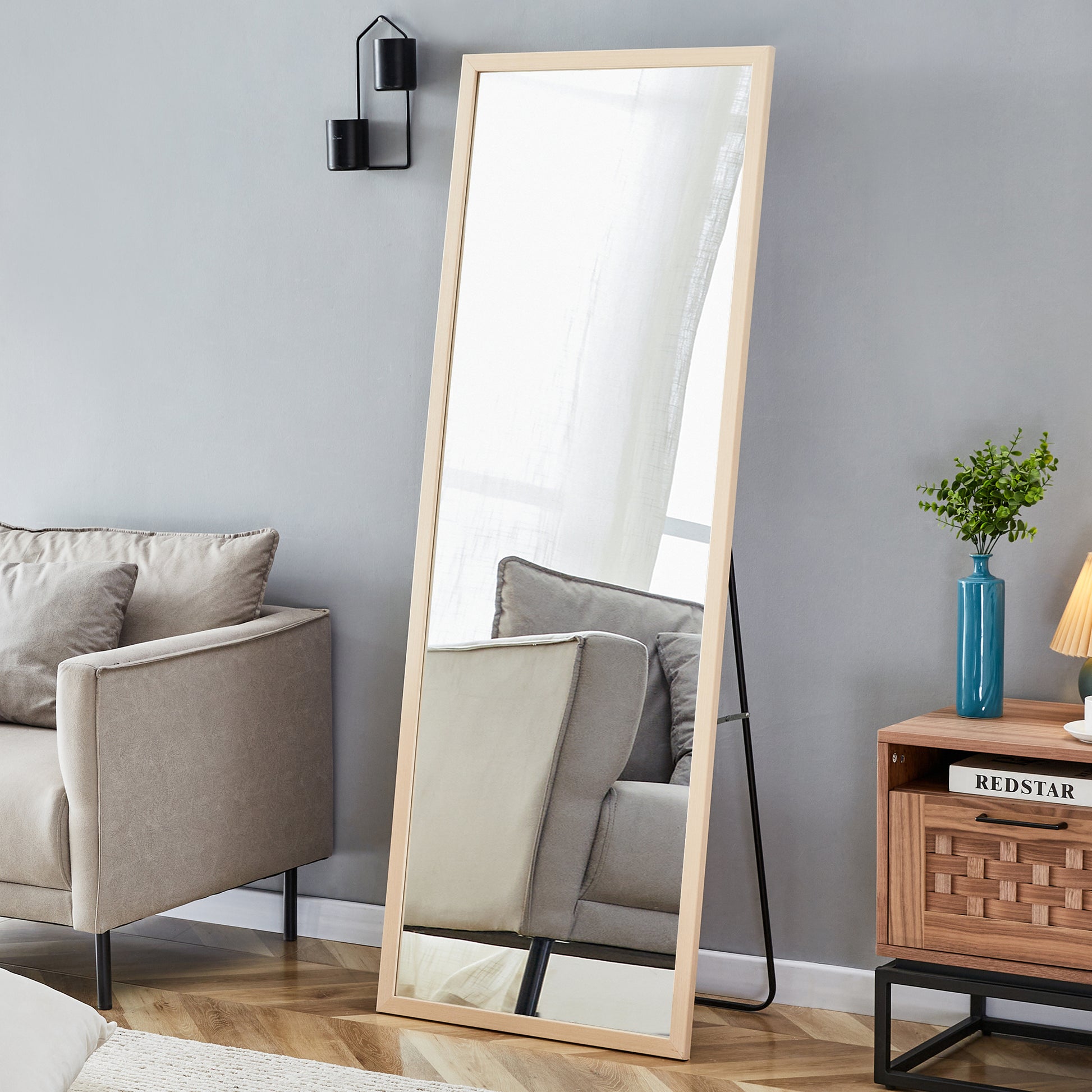 Third Generation Packaging Upgrade, Thickened Border, Full Length Mirror, Dressing Mirror, Bedroom Entrance, Decorative Mirror, Clothing Store, Mirror.65"*22.8" Light Oak Solid Wood