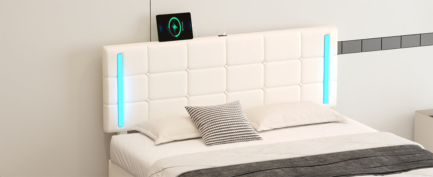 Queen Size Upholstered Bed With Led Lights,Hydraulic Storage System And Usb Charging Station,White White Pu