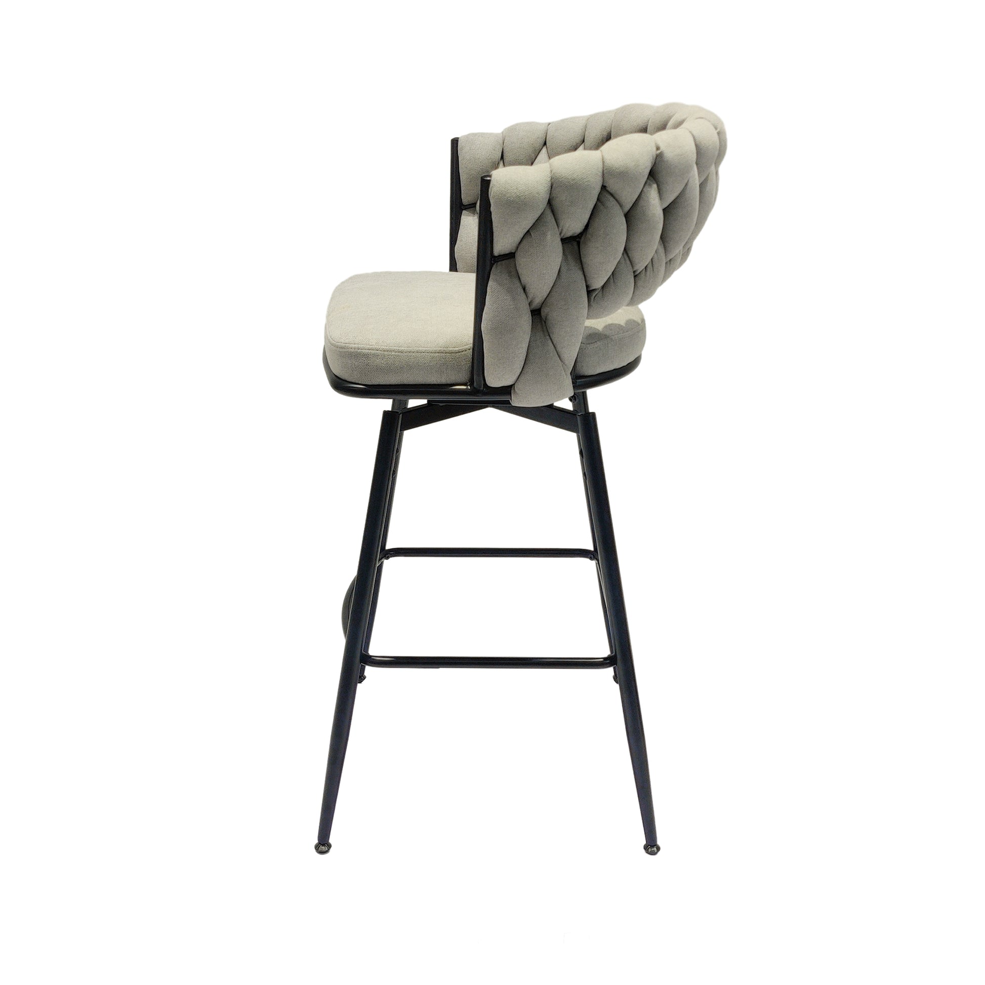 Bar Chair Linen Woven Bar Stool Set Of 2,Black Legs Barstools No Adjustable Kitchen Island Chairs,360 Swivel Bar Stools Upholstered Bar Chair Counter Stool Arm Chairs With Back Footrest, Grey Metal Grey Kitchen Dining Chairs Foam Linen