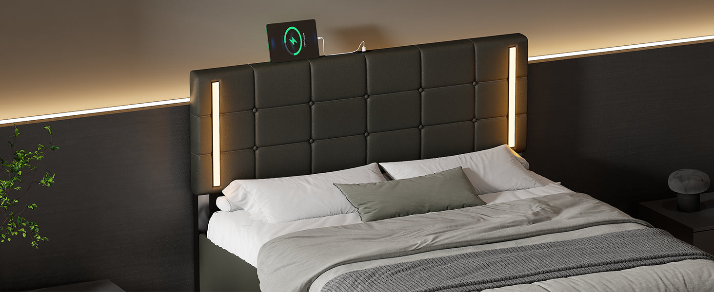 Queen Size Upholstered Bed With Led Lights,Hydraulic Storage System And Usb Charging Station,Black Black Pu
