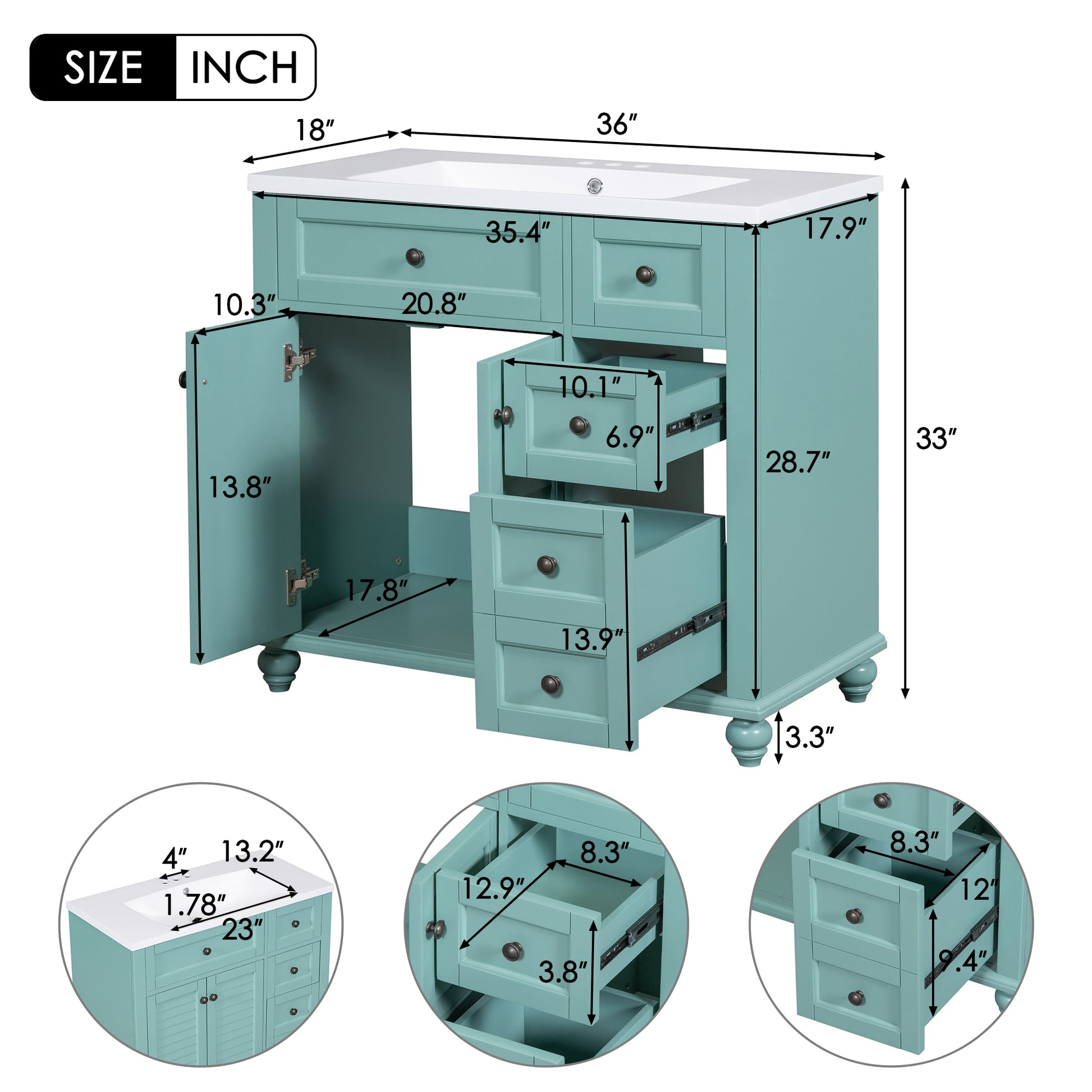 36'' Bathroom Vanity with Undermount Sink,Free 2-blue-green-2-1-soft close