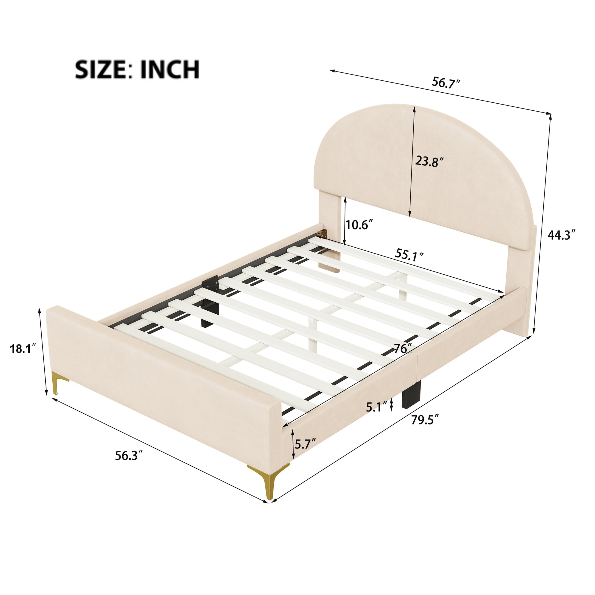 Full Size Upholstered Platform Bed With Classic Semi Circle Shaped Headboard And Mental Legs, Velvet, Beige Beige Velvet