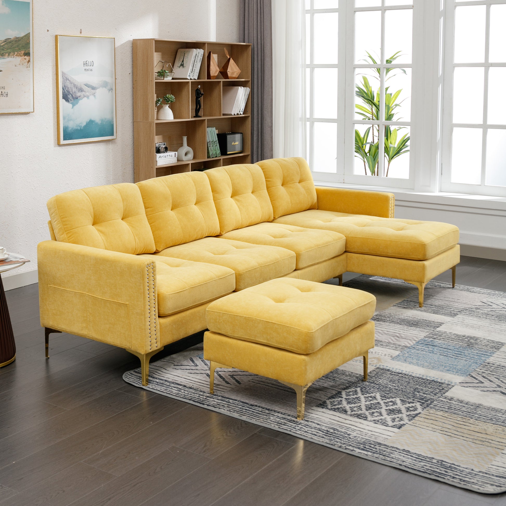 110" L Shape Convertible Sectional Sofa Couch With Movable Ottoman For Living Room, Apartment, Office, Yellow Yellow Foam Velvet 4 Seat