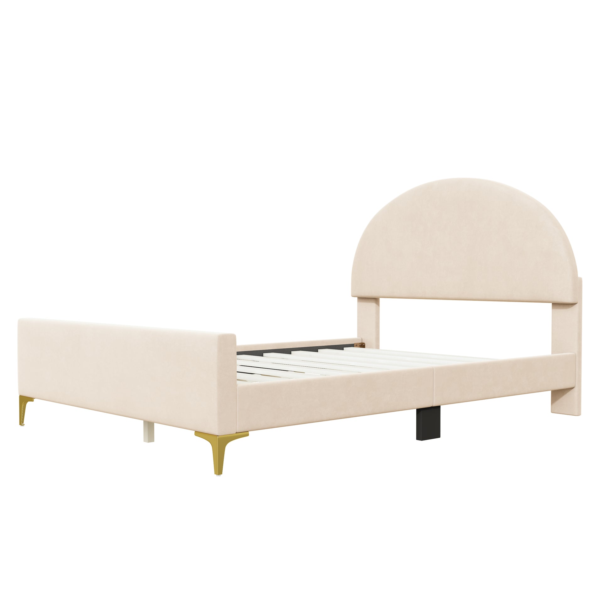 Full Size Upholstered Platform Bed With Classic Semi Circle Shaped Headboard And Mental Legs, Velvet, Beige Beige Velvet