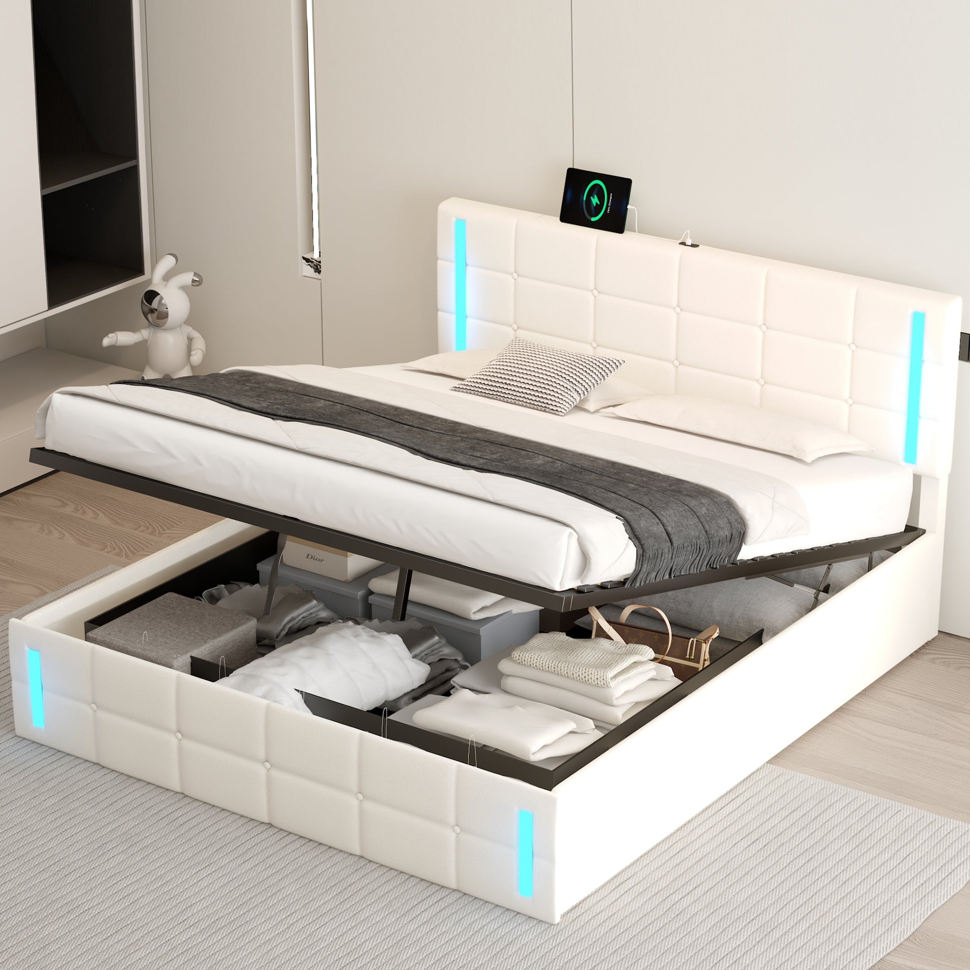 Queen Size Upholstered Bed With Led Lights,Hydraulic Storage System And Usb Charging Station,White White Pu