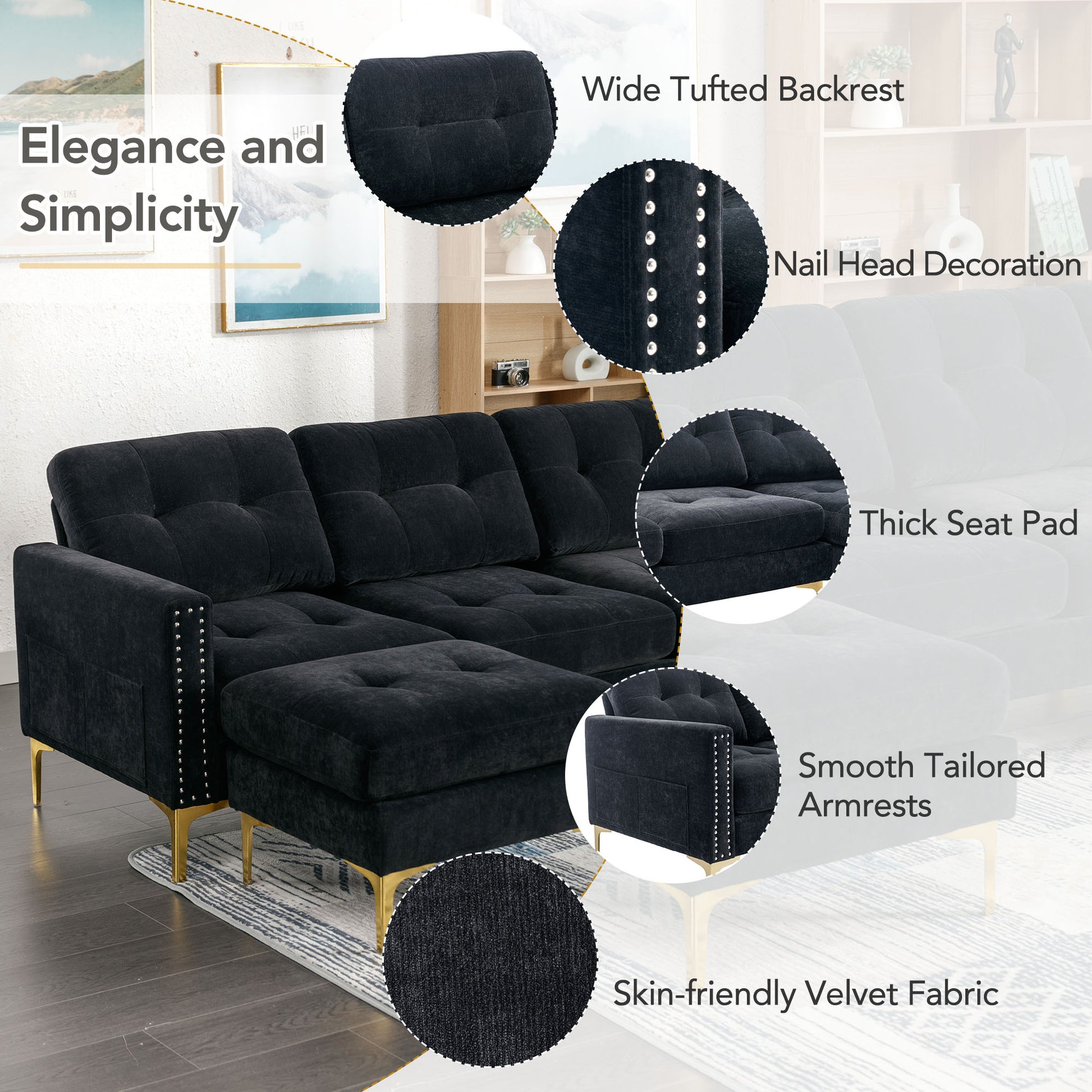 110" L Shape Convertible Sectional Sofa Couch With Movable Ottoman For Living Room, Apartment, Office, Black Black Foam Velvet 4 Seat