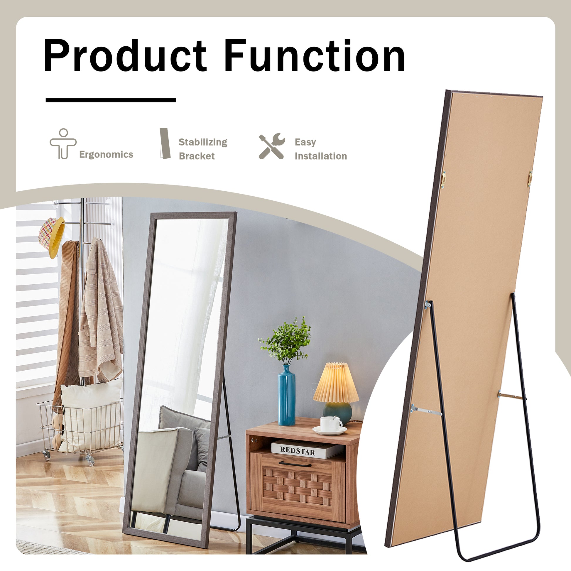 Third Generation Packaging Upgrade, Thickened Frame, Gray Wood Grain Solid Wood Frame Full Length Mirror, Dressing Mirror, Bedroom Entrance, Decorative Mirror, Floor Standing Mirror. 57.9 "* 18.1" Gray Solid Wood