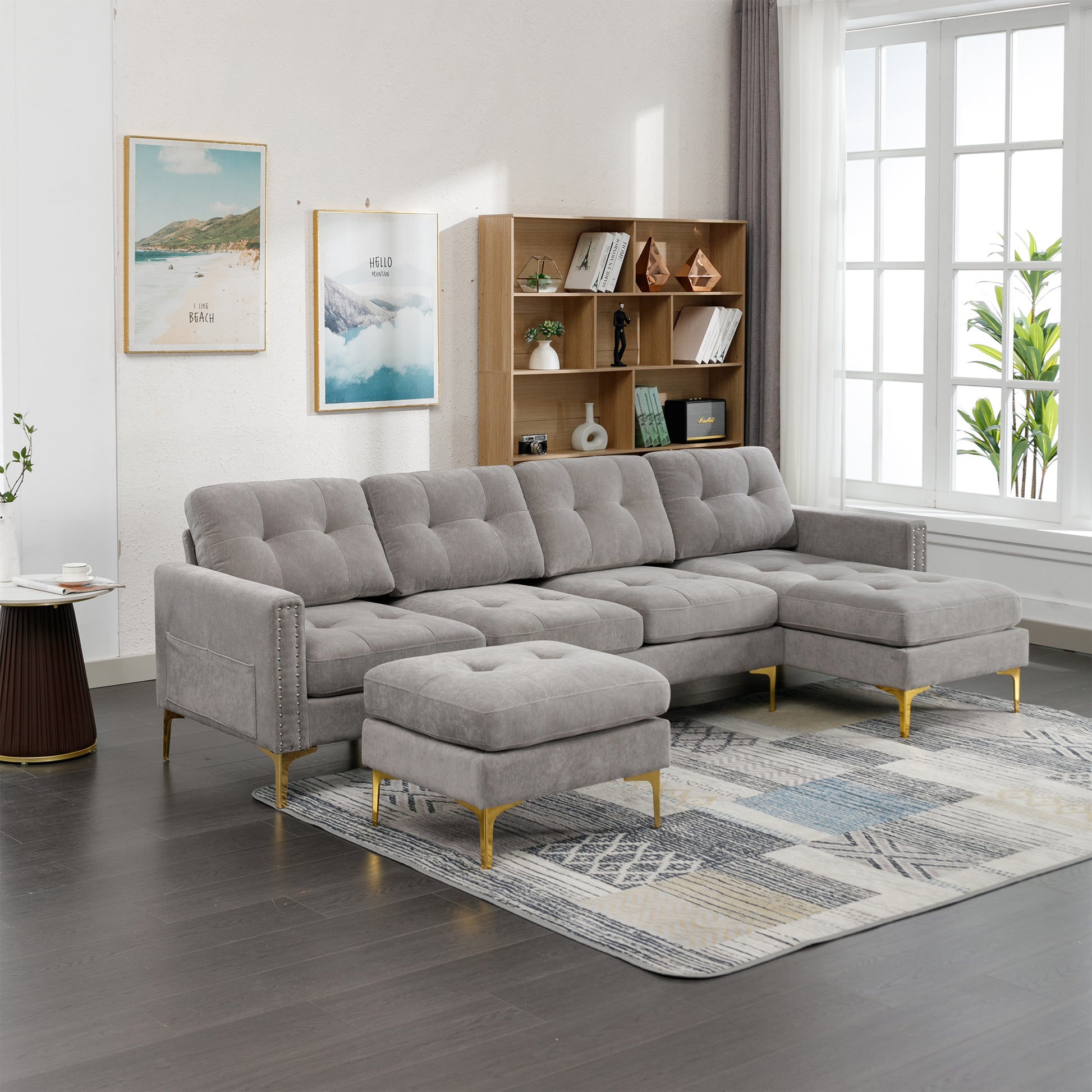 110" L Shape Convertible Sectional Sofa Couch With Movable Ottoman For Living Room, Apartment, Office, Light Grey Light Grey Foam Velvet 4 Seat