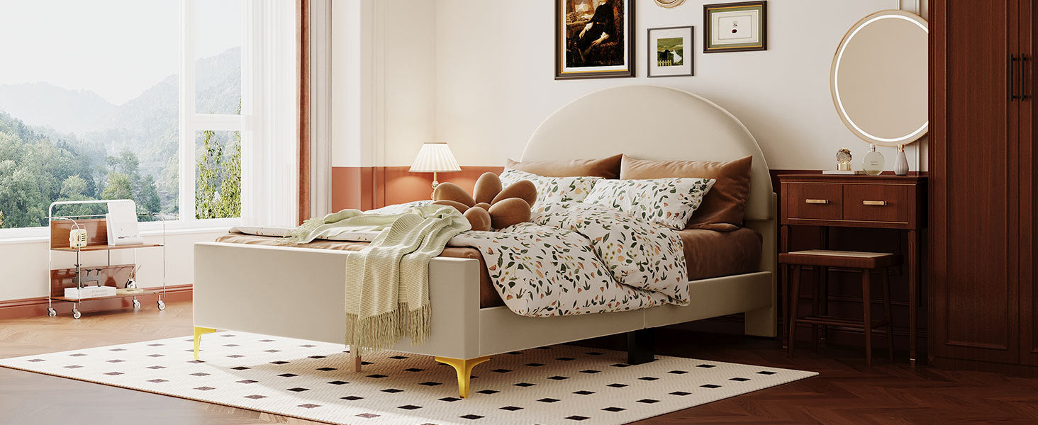 Full Size Upholstered Platform Bed With Classic Semi Circle Shaped Headboard And Mental Legs, Velvet, Beige Beige Velvet