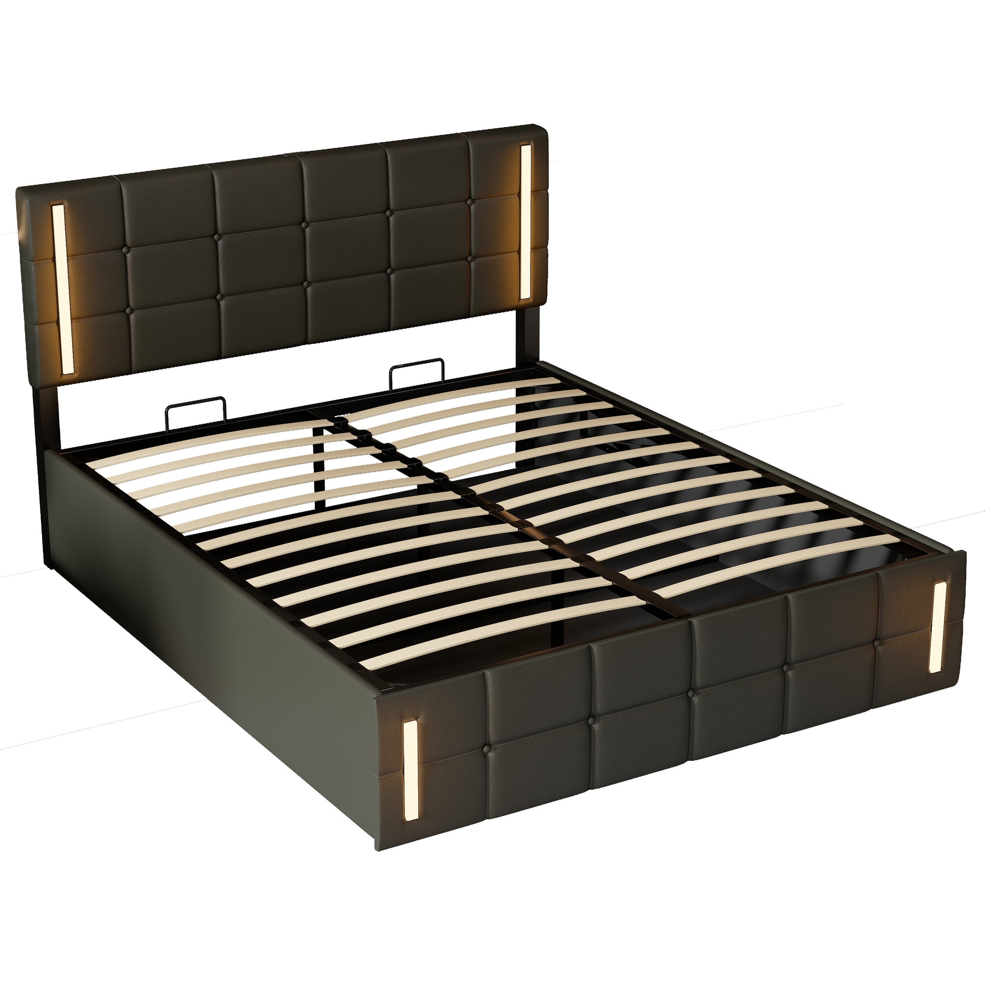 Queen Size Upholstered Bed With Led Lights,Hydraulic Storage System And Usb Charging Station,Black Black Pu