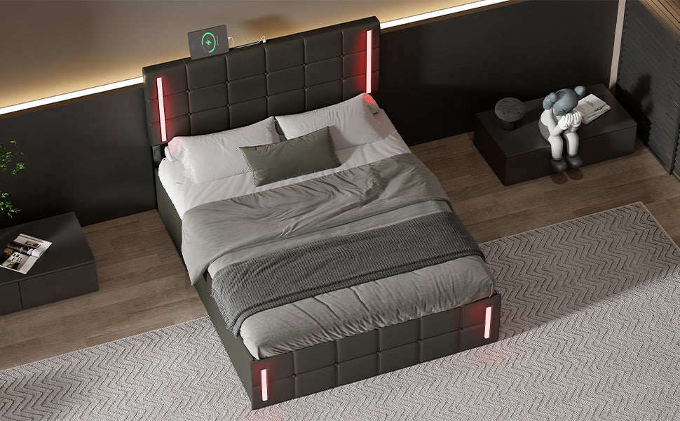 Full Size Upholstered Bed With Led Lights,Hydraulic Storage System And Usb Charging Station,Black Black Pu
