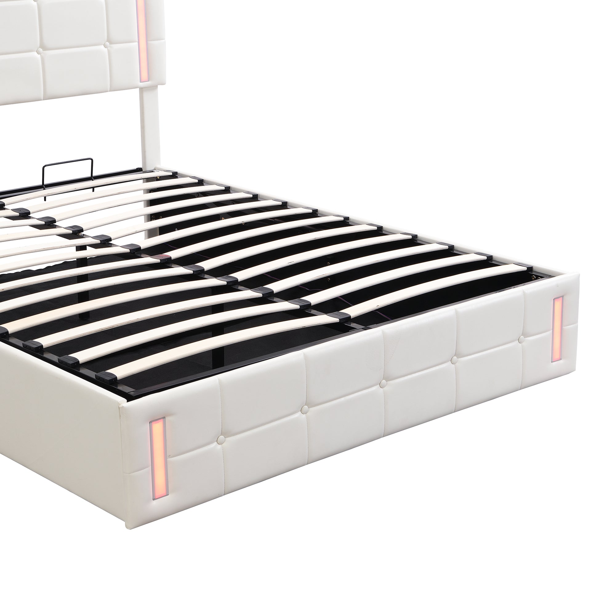 Full Size Upholstered Bed With Led Lights,Hydraulic Storage System And Usb Charging Station,White White Pu