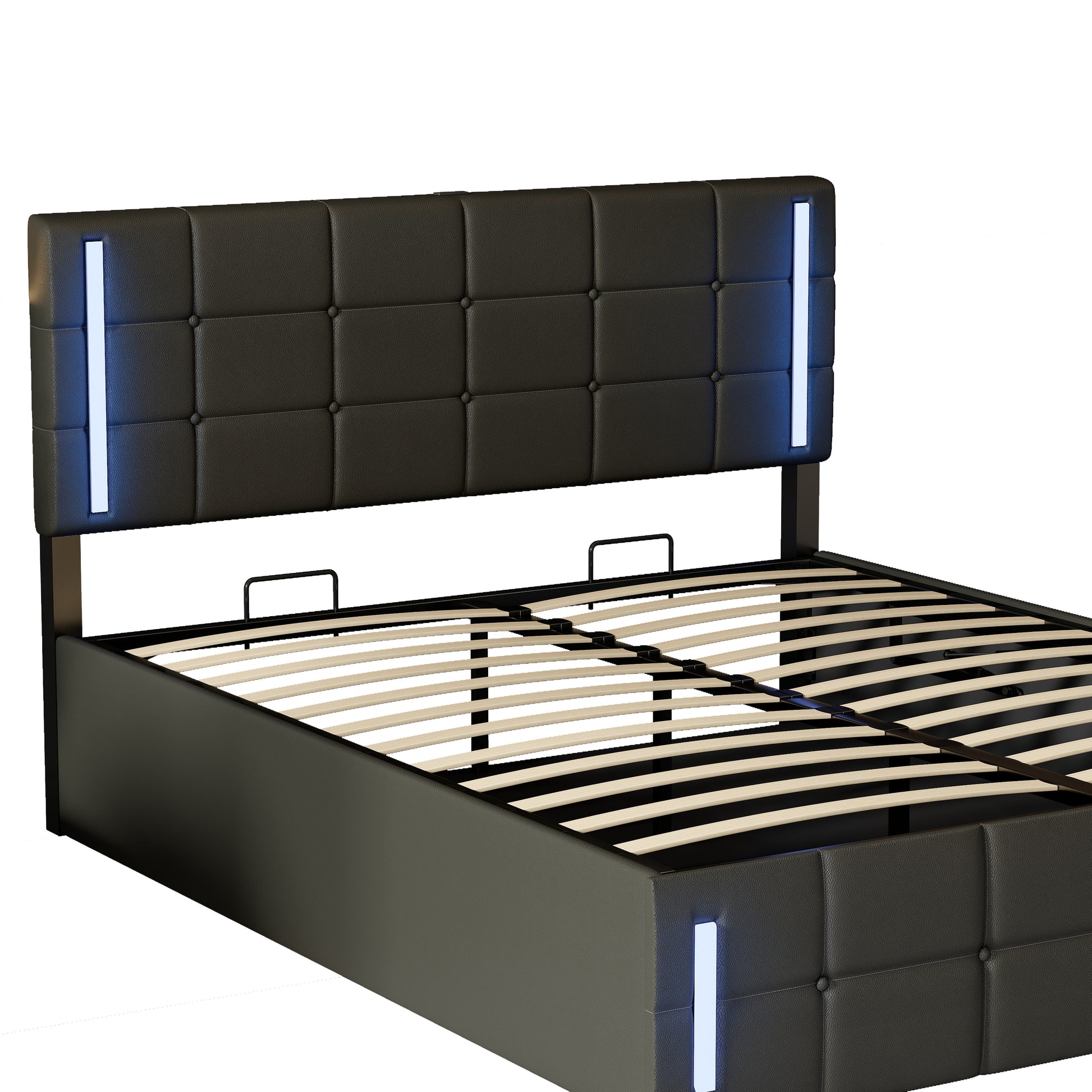 Queen Size Upholstered Bed With Led Lights,Hydraulic Storage System And Usb Charging Station,Black Black Pu