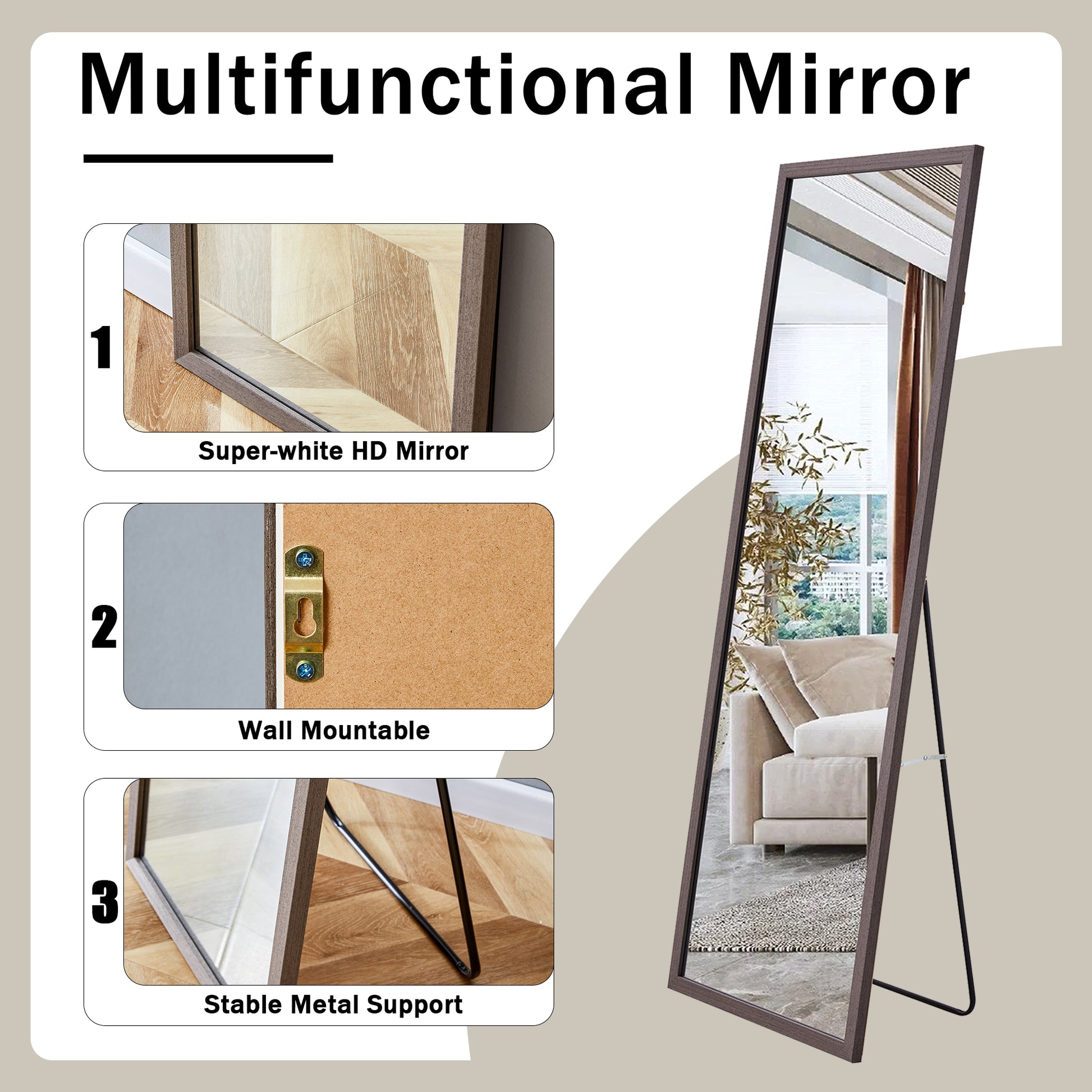 Third Generation Packaging Upgrade, Thickened Frame, Gray Wood Grain Solid Wood Frame Full Length Mirror, Dressing Mirror, Bedroom Entrance, Decorative Mirror, Floor Standing Mirror. 65"*22.8" Gray Solid Wood