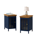 Nightstand With Storage Cabinet & Solid Wood Tabletop, Bedside Table, Sofa Side Coffee Table For Bedroom, Living Room, Dark Blue Set Of Two Pieces Blue Iron