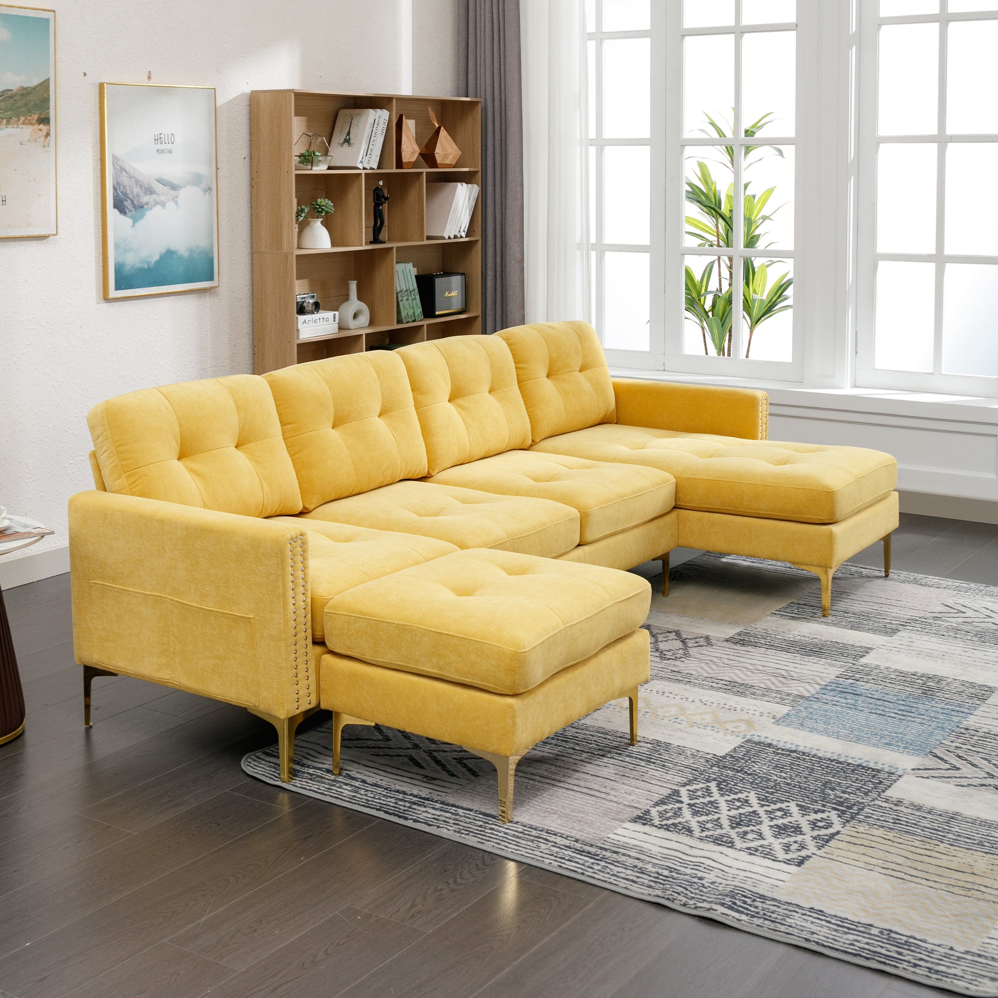 110" L Shape Convertible Sectional Sofa Couch With Movable Ottoman For Living Room, Apartment, Office, Yellow Yellow Foam Velvet 4 Seat