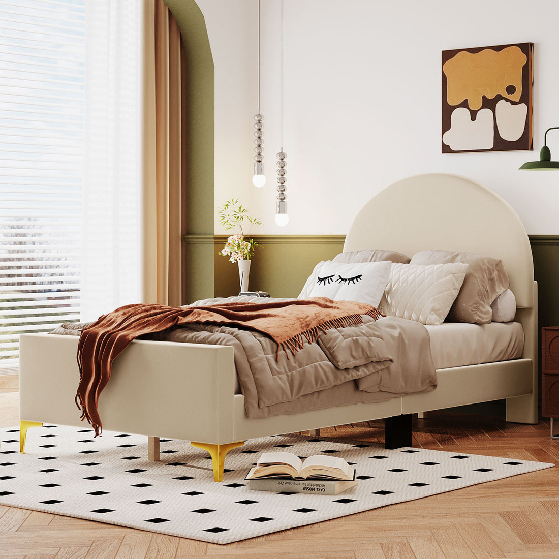 Twin Size Upholstered Platform Bed with Classic Semi beige-velvet