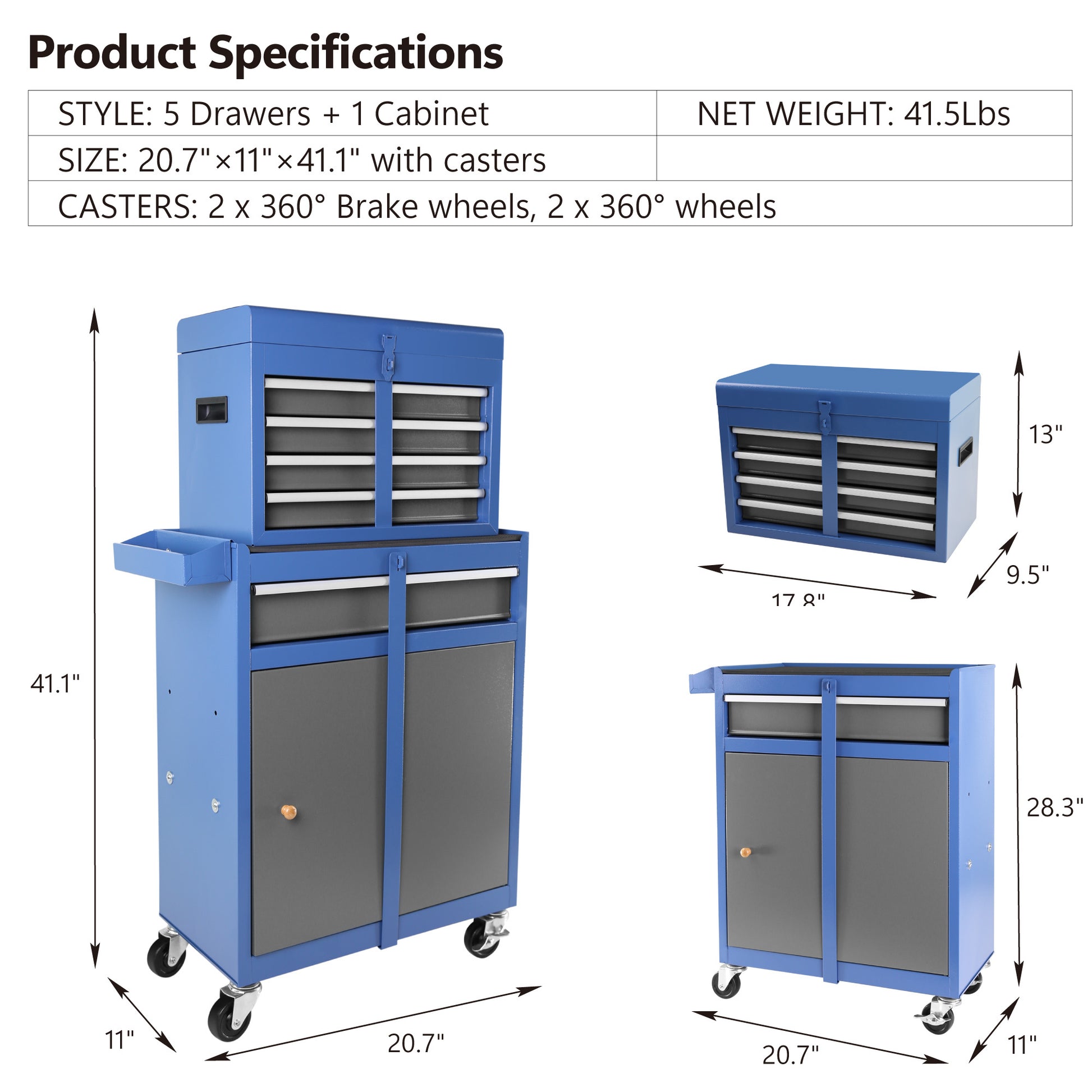 Tool Chest, 5 Drawer Rolling Tool Storage Cabinet with blue+grey-steel