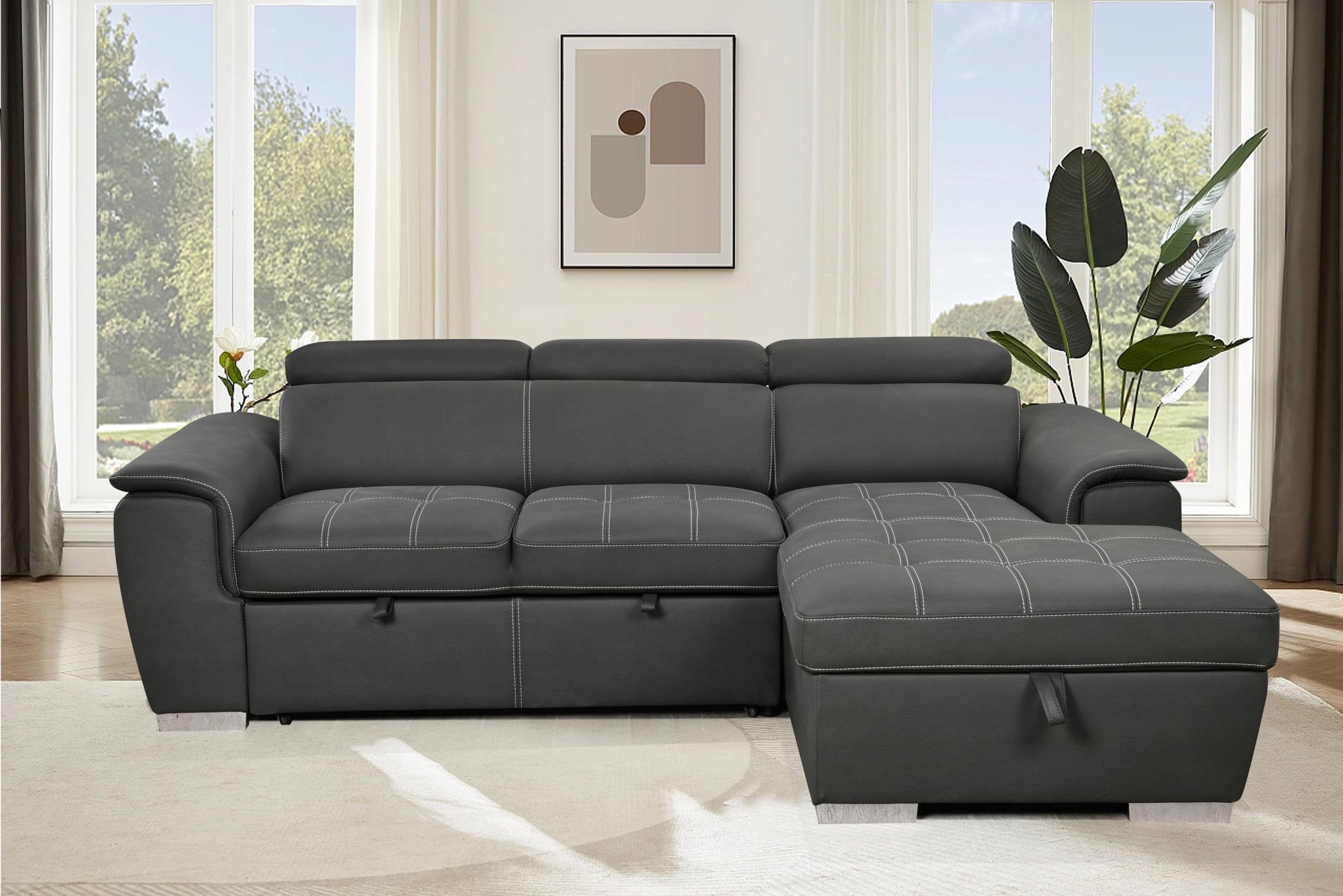 97 Inch Convertible Sectional Sofa With Storage Chaise, Adjustable Headrests, Contemporary L Shaped Sleeper Corner Sectional Sofa With A Pull Out Bed ,Gray Light Brown Wood Primary Living Space Heavy Duty Eucalyptus 3 Seat Gray Microfiber Soft Cushion