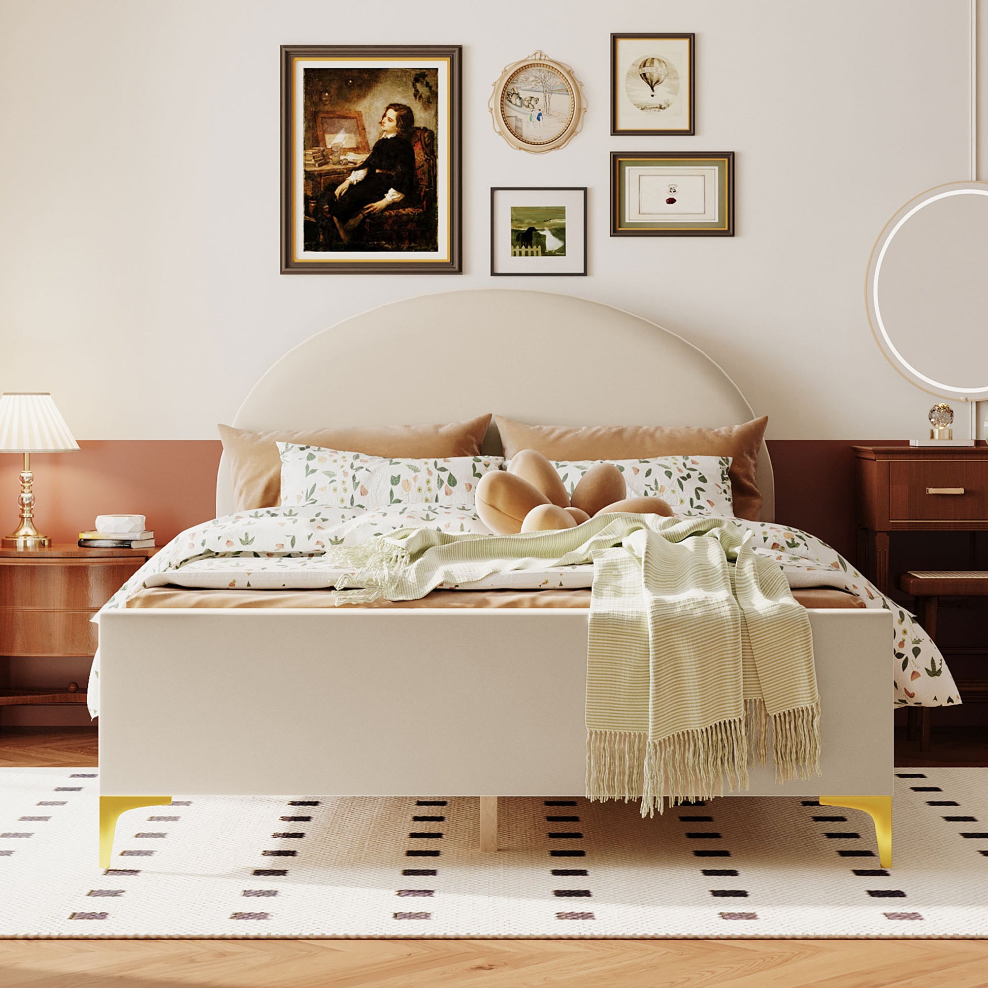 Full Size Upholstered Platform Bed With Classic Semi Circle Shaped Headboard And Mental Legs, Velvet, Beige Beige Velvet