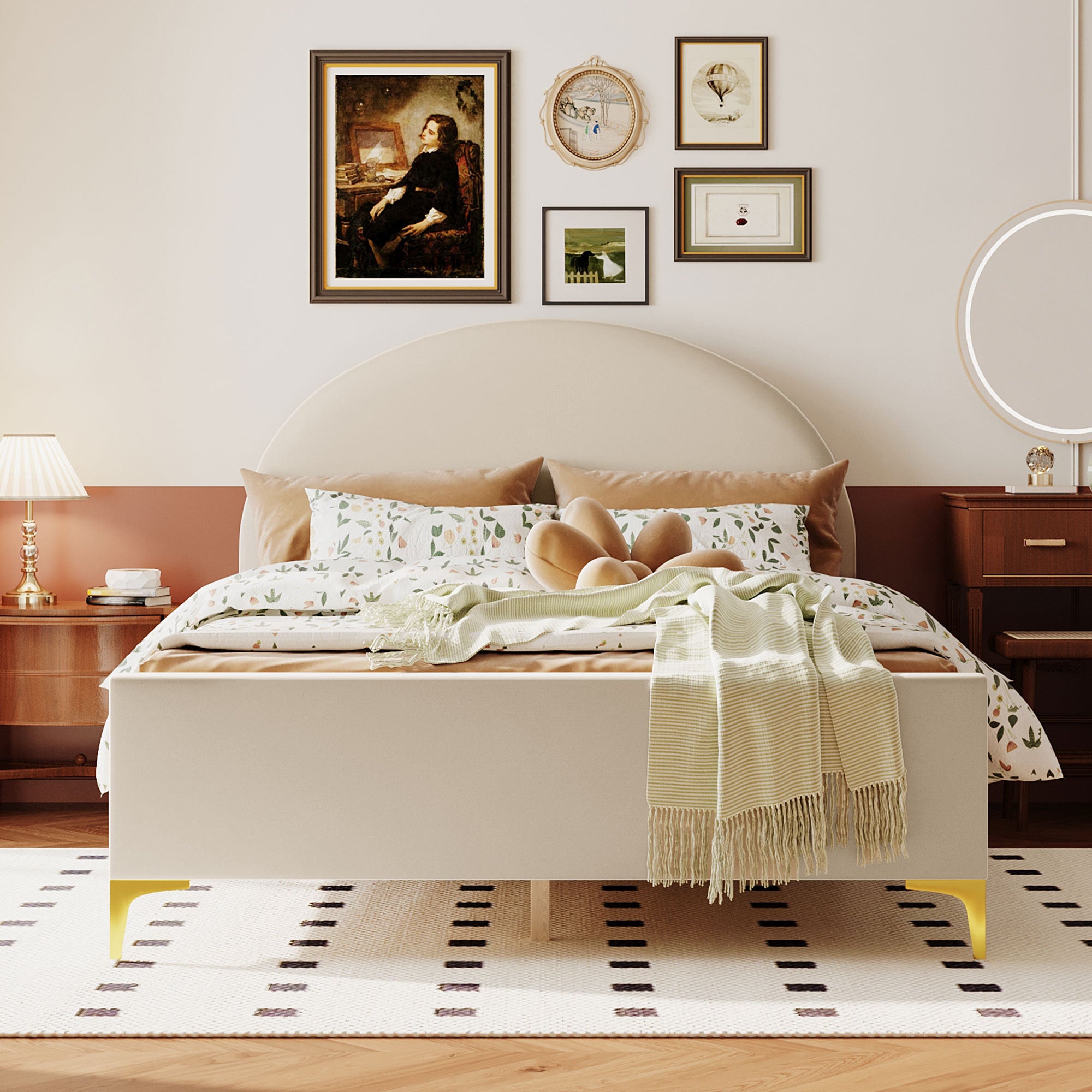 Full Size Upholstered Platform Bed with Classic Semi beige-velvet