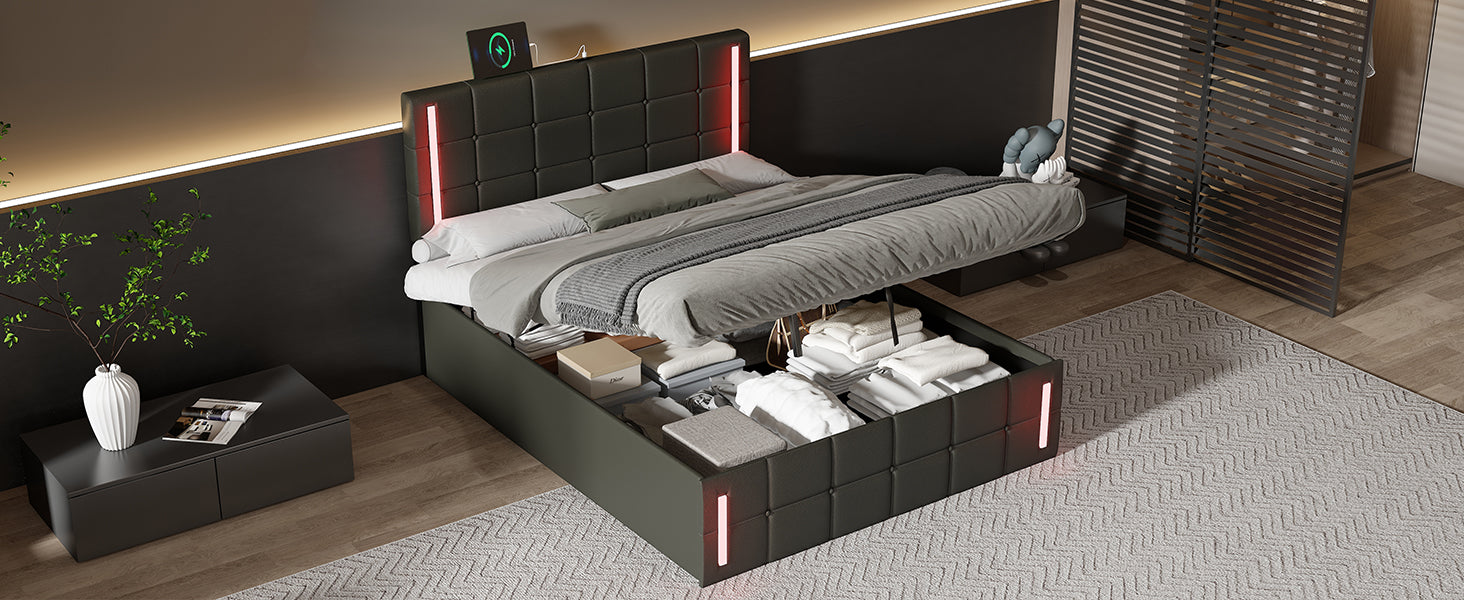 Full Size Upholstered Bed With Led Lights,Hydraulic Storage System And Usb Charging Station,Black Black Pu