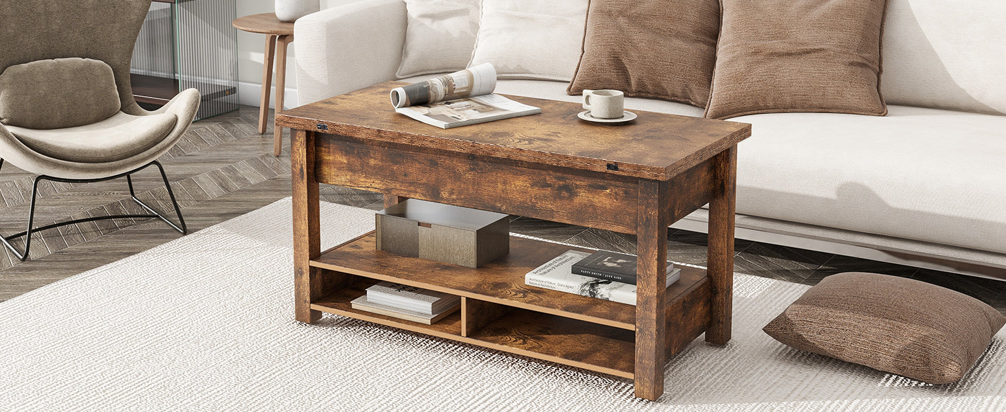 Lift Top Coffee Table, Multi Functional Coffee Table With Open Shelves, Modern Lift Tabletop Dining Table For Living Room, Home Office, Rustic Brown Rustic Brown Primary Living Space Particle Board