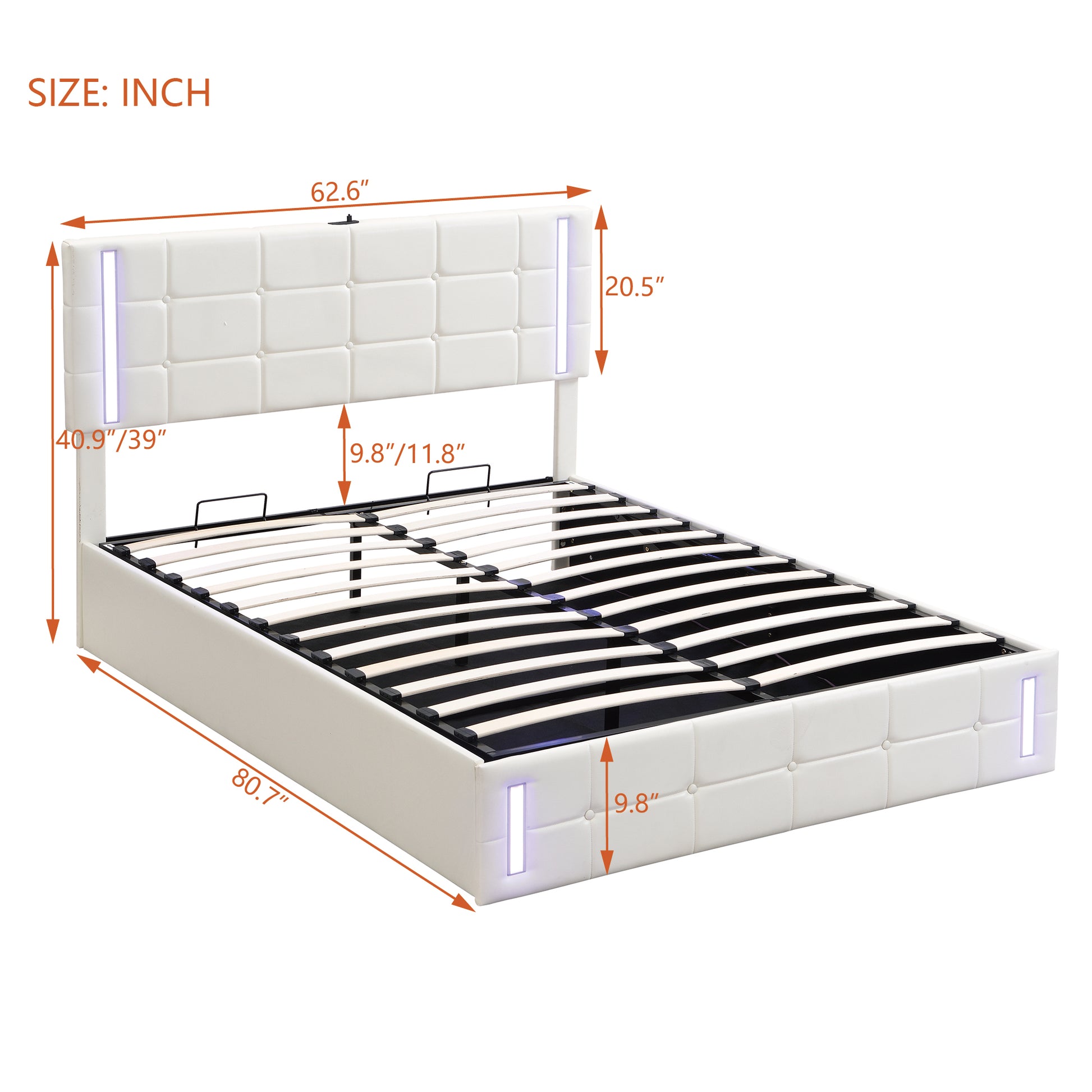 Queen Size Upholstered Bed With Led Lights,Hydraulic Storage System And Usb Charging Station,White White Pu