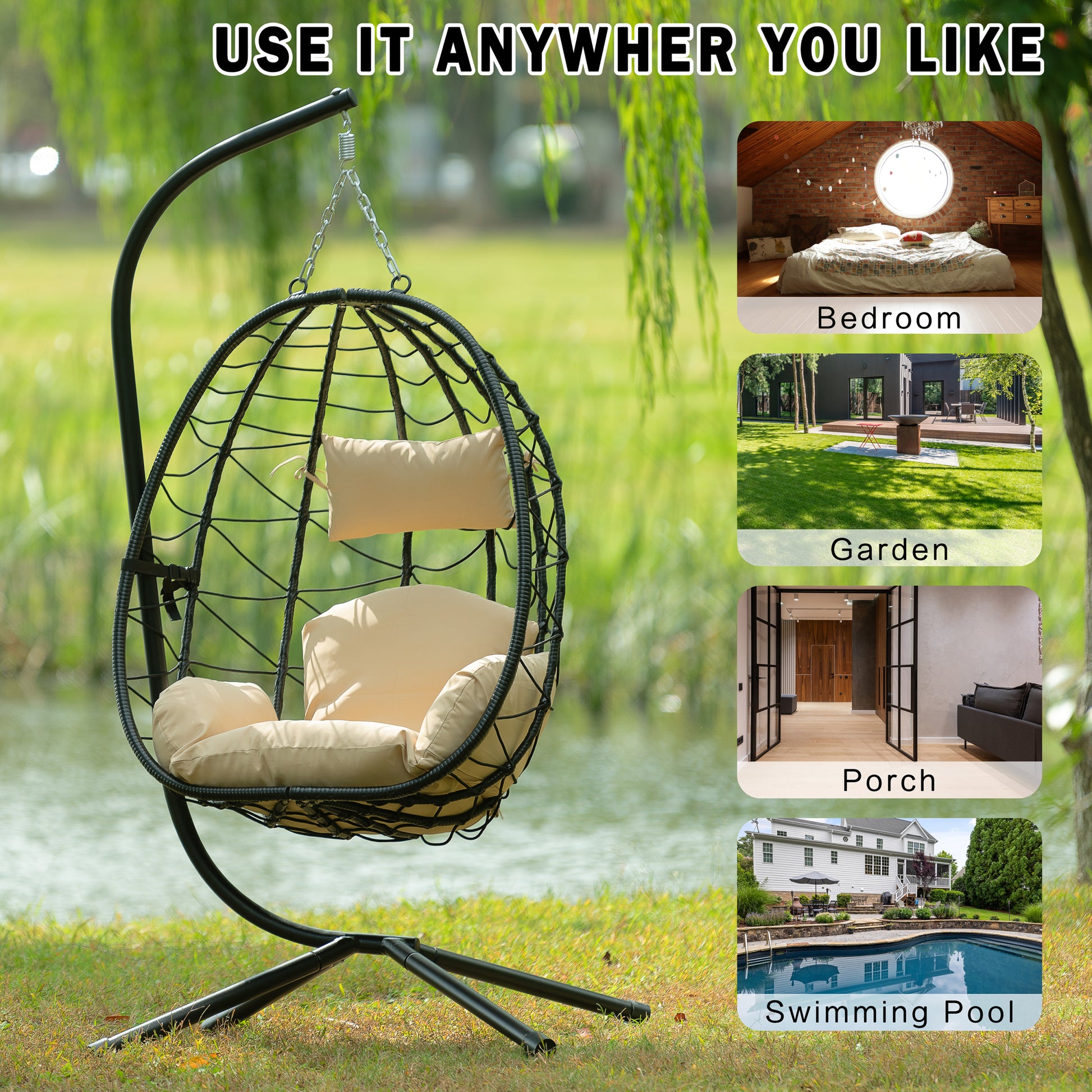 Egg Chair With Stand Indoor Outdoor Swing Chair Patio Wicker Hanging Egg Chair Hanging Basket Chair Hammock Chair With Stand For Bedroom Living Room Balcony Yes Sectional Beige Rust Resistant Frame Water Resistant Cushion Garden & Outdoor American Design