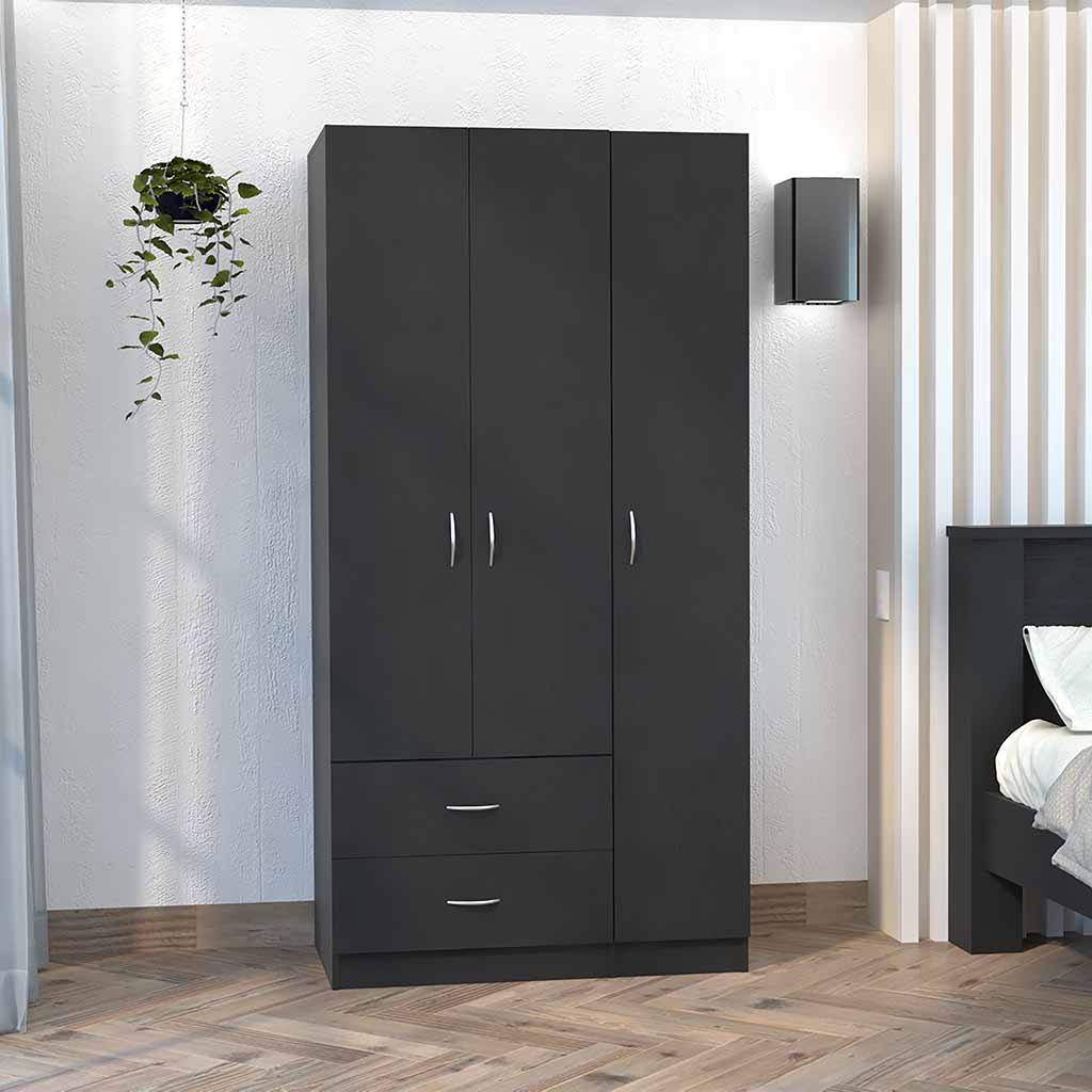 Three Door Armoire Clark, Bedroom, Black Black Particle Board Engineered Wood