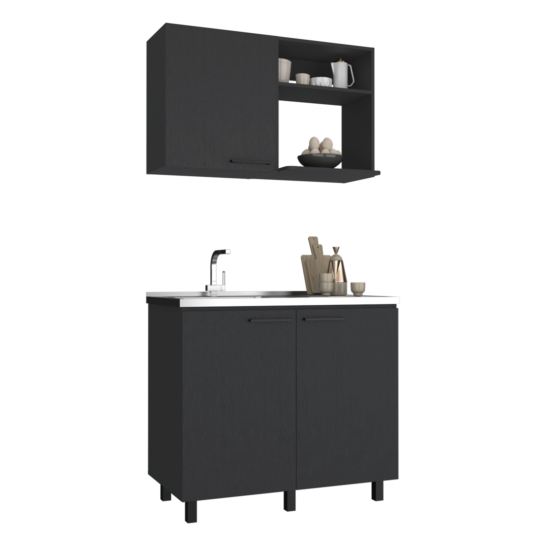 Alexandria 2 Piece Kitchen Set, Wall Cabinet Utility Sink, Black Black Particle Board Engineered Wood