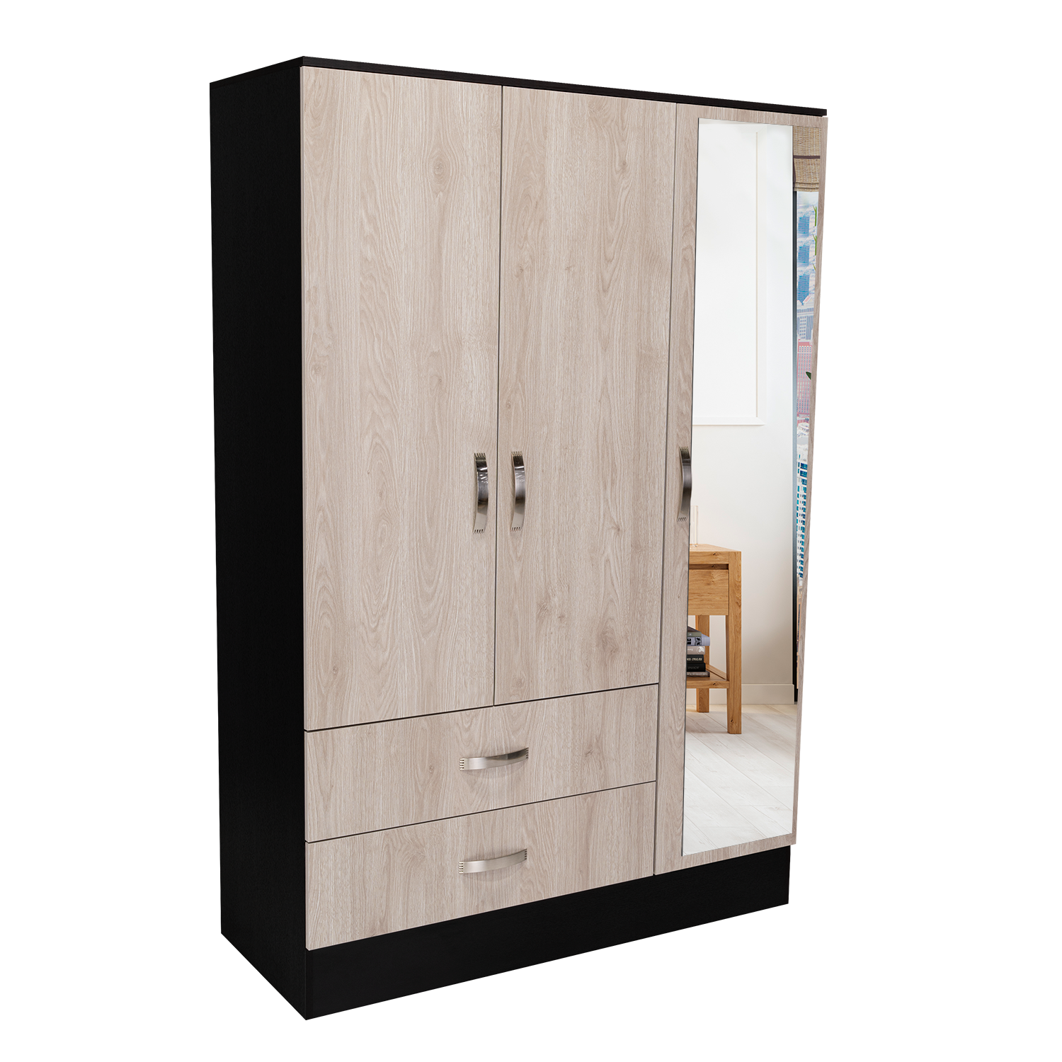 Mirrored Armoire Draggo, Bedroom, Black Light Gray Light Gray Particle Board Engineered Wood